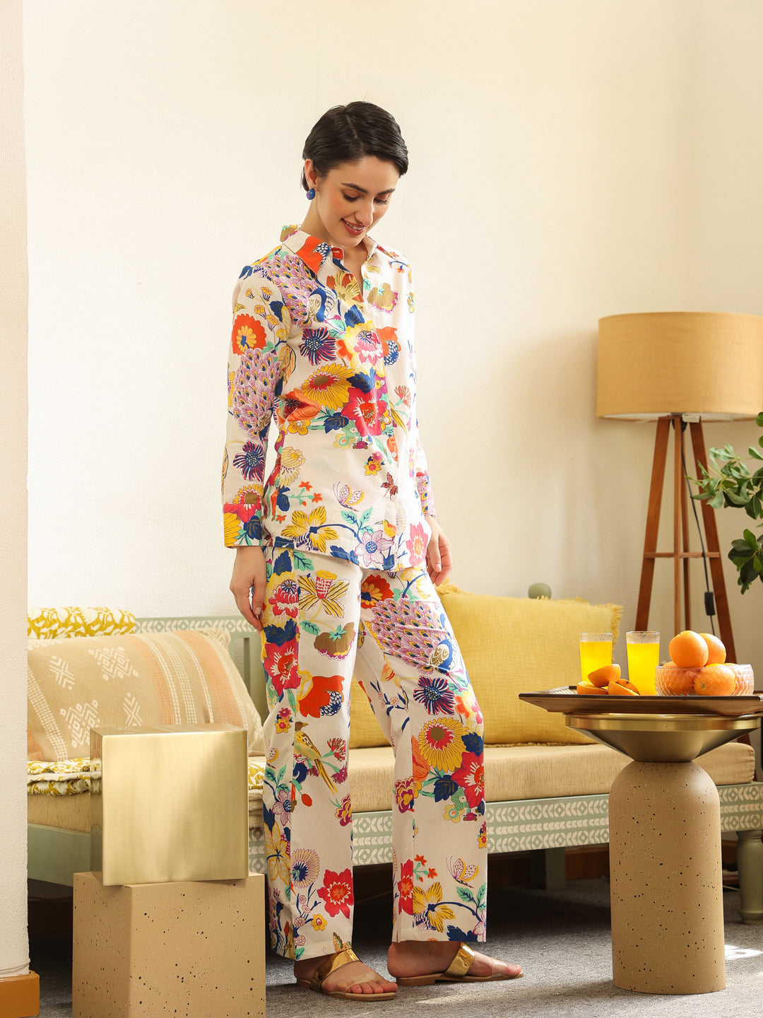 Off White Shirt Collar Pure Cotton Shirt Printed Co-ords Set for Women