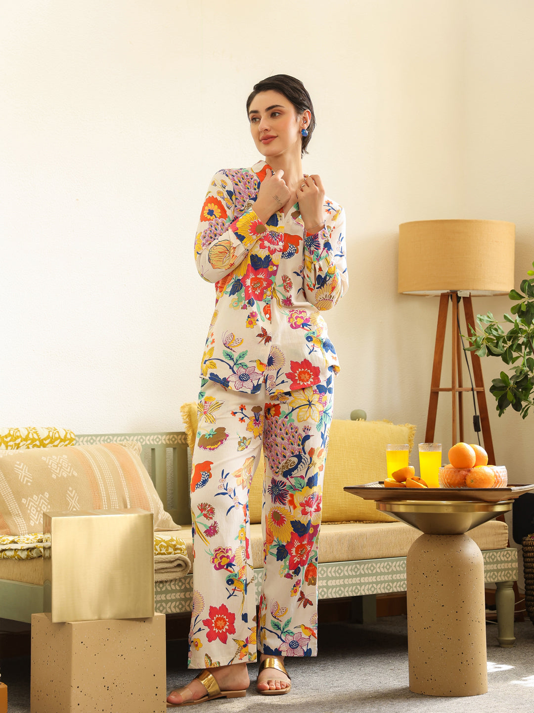 Off White Shirt Collar Pure Cotton Shirt Printed Co-ords Set for Women