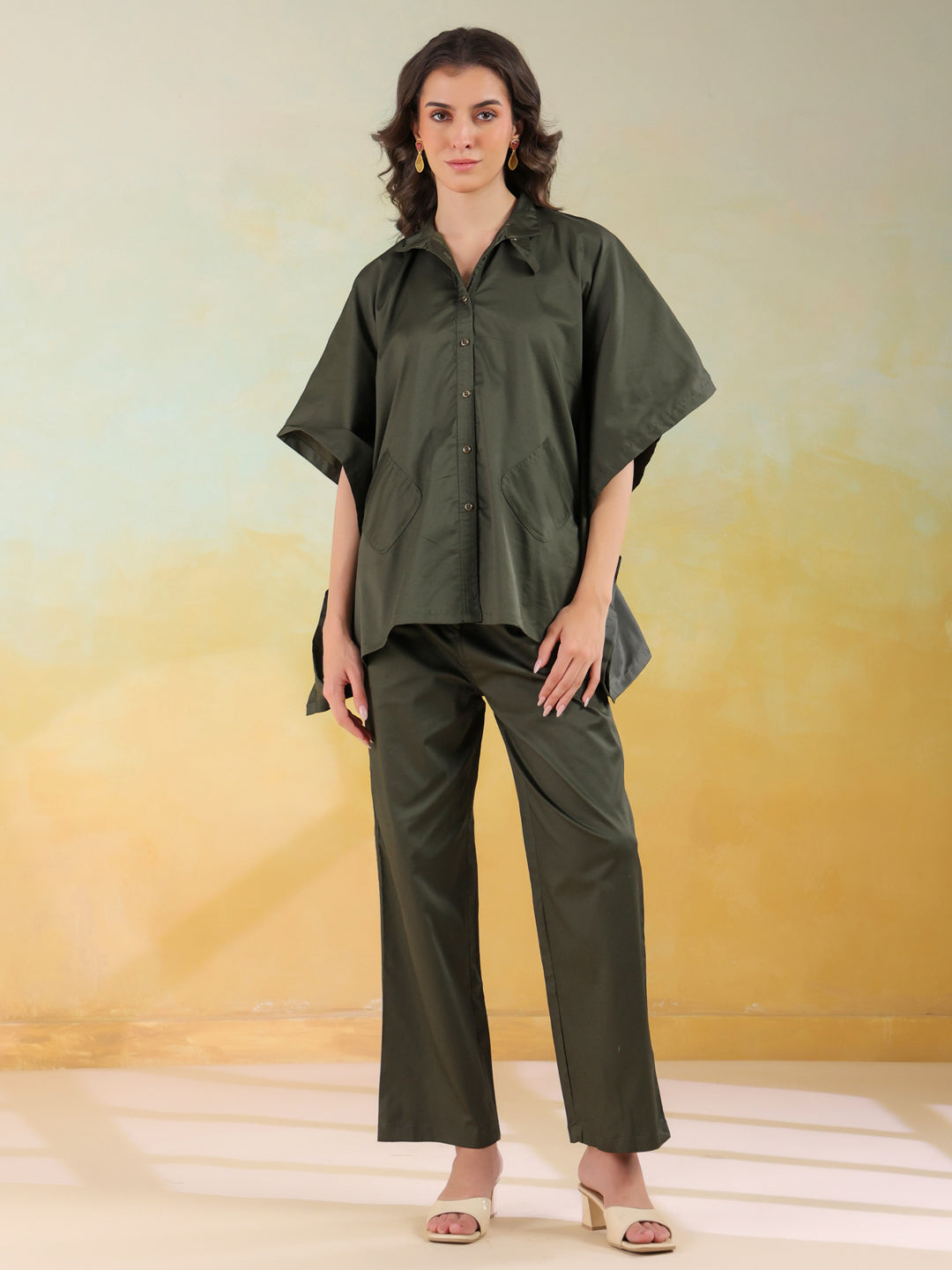 Olive Color Shirt Collar Denim Co-Ords Set For Women