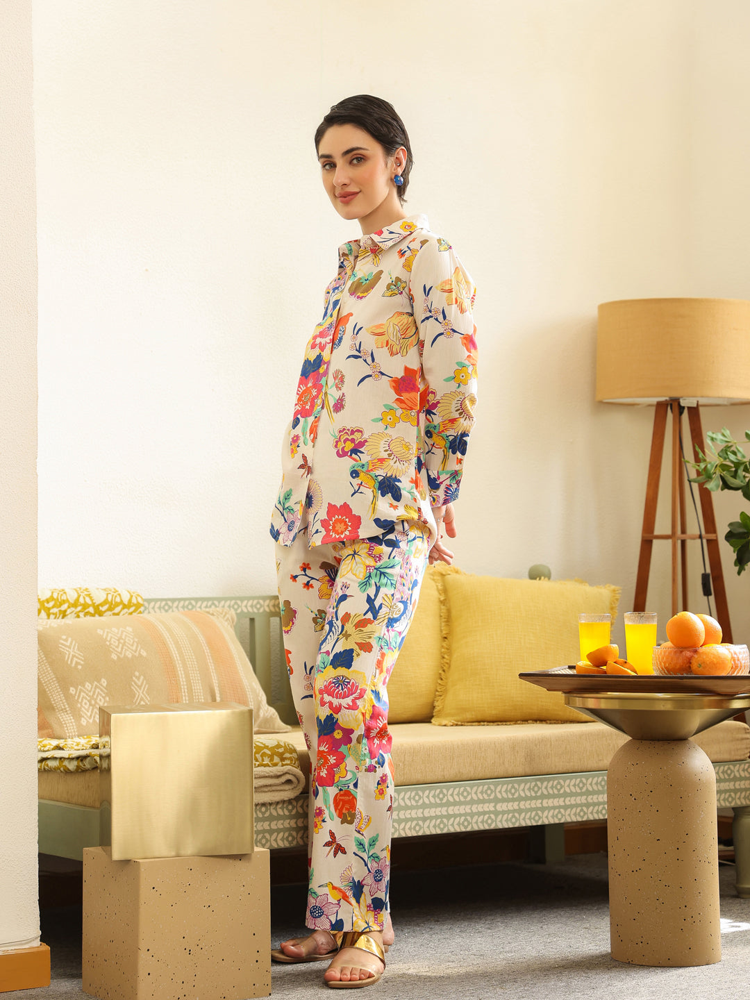 Off White Shirt Collar Pure Cotton Shirt Printed Co-Ords Set For Women