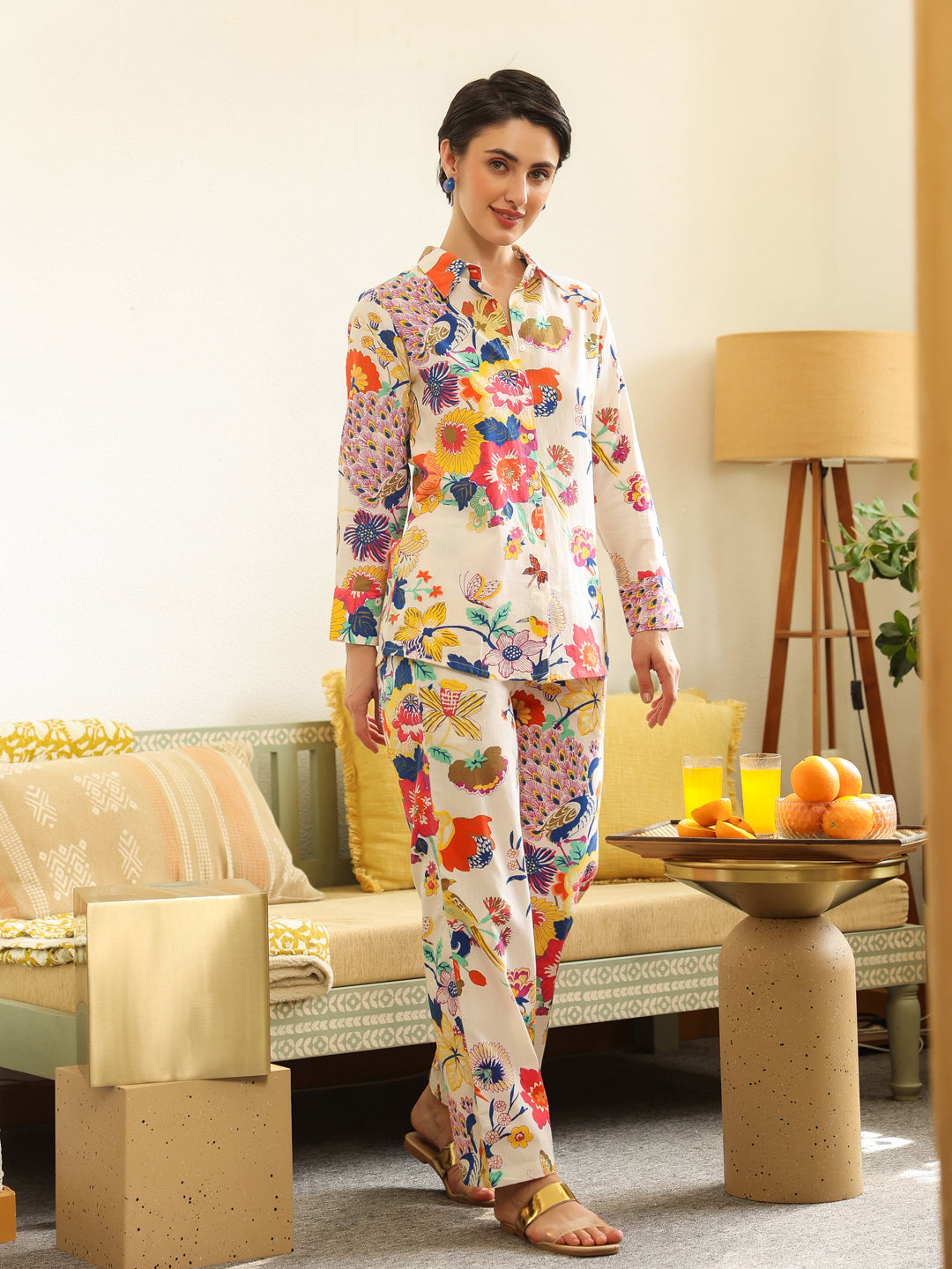 Off White Shirt Collar Pure Cotton Shirt Printed Co-ords Set for Women