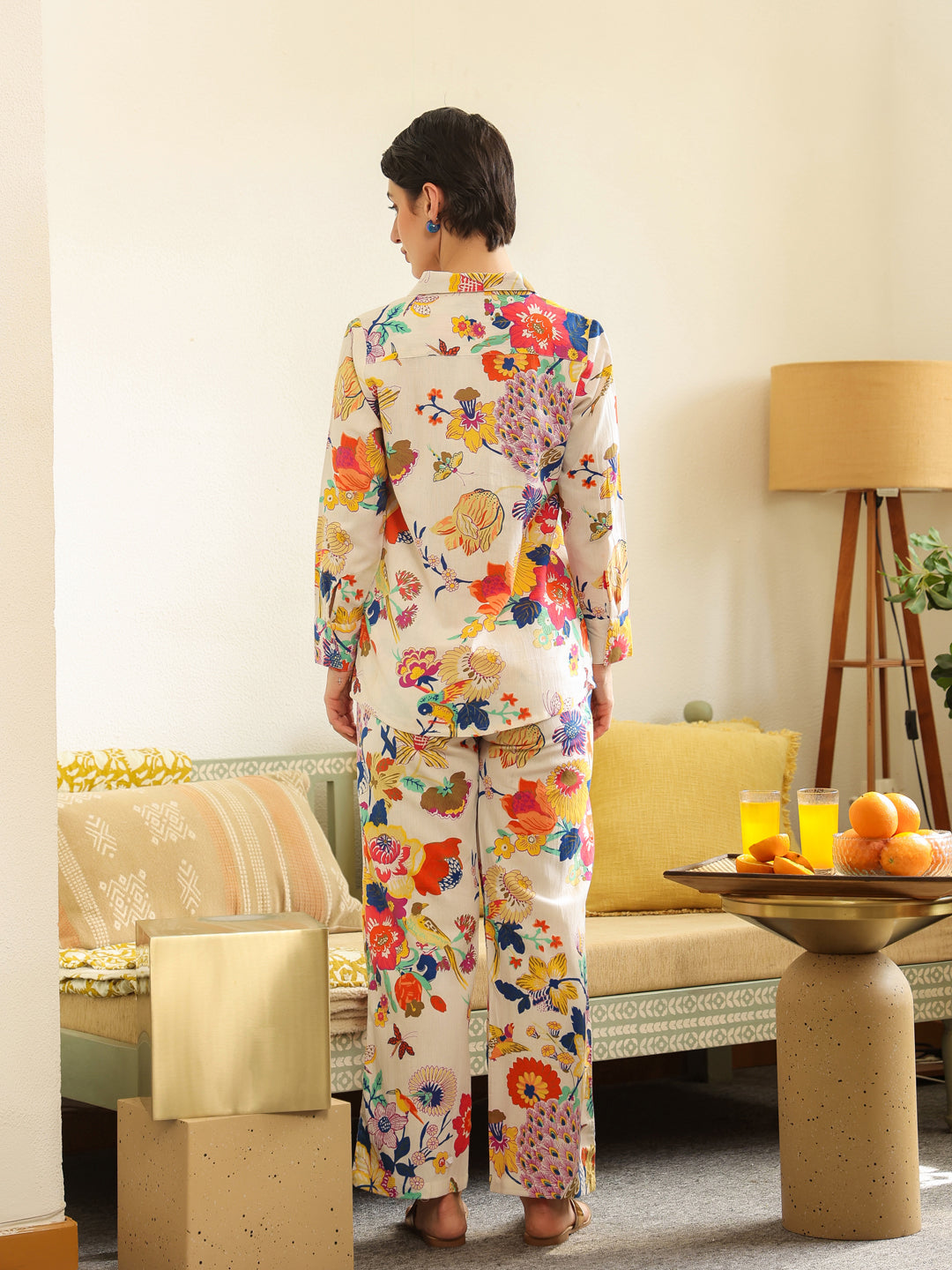 Off White Shirt Collar Pure Cotton Shirt Printed Co-ords Set for Women