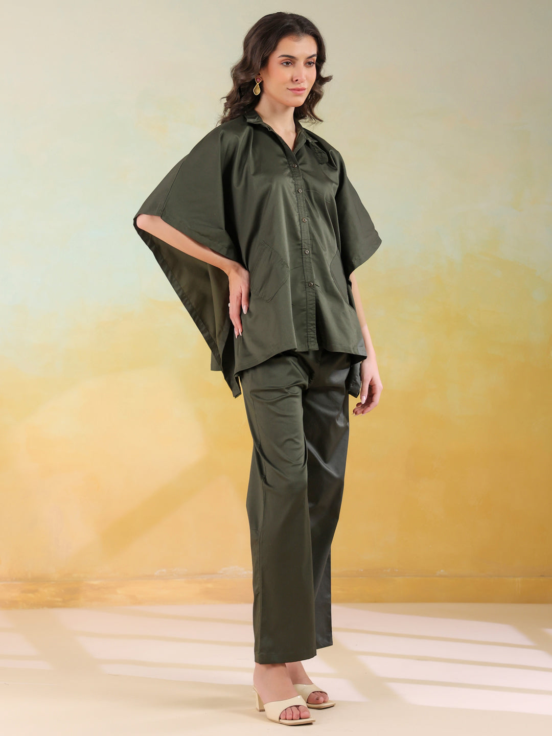 Olive Color Shirt Collar Denim Co-Ords Set For Women