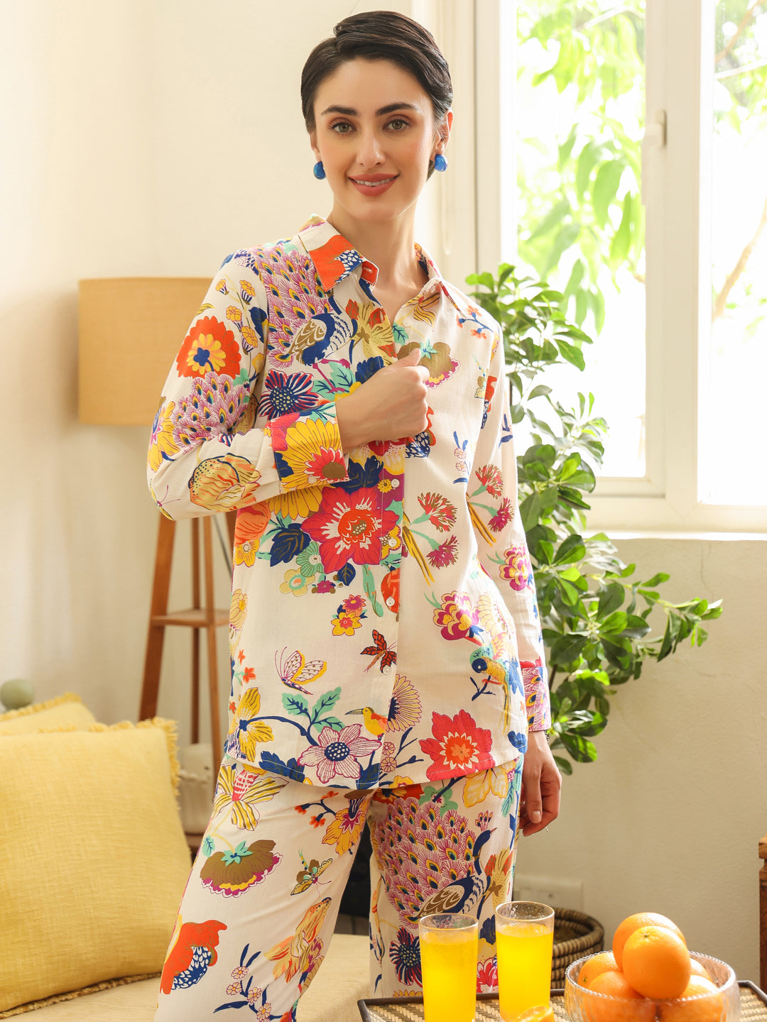 Off White Shirt Collar Pure Cotton Shirt Printed Co-Ords Set For Women