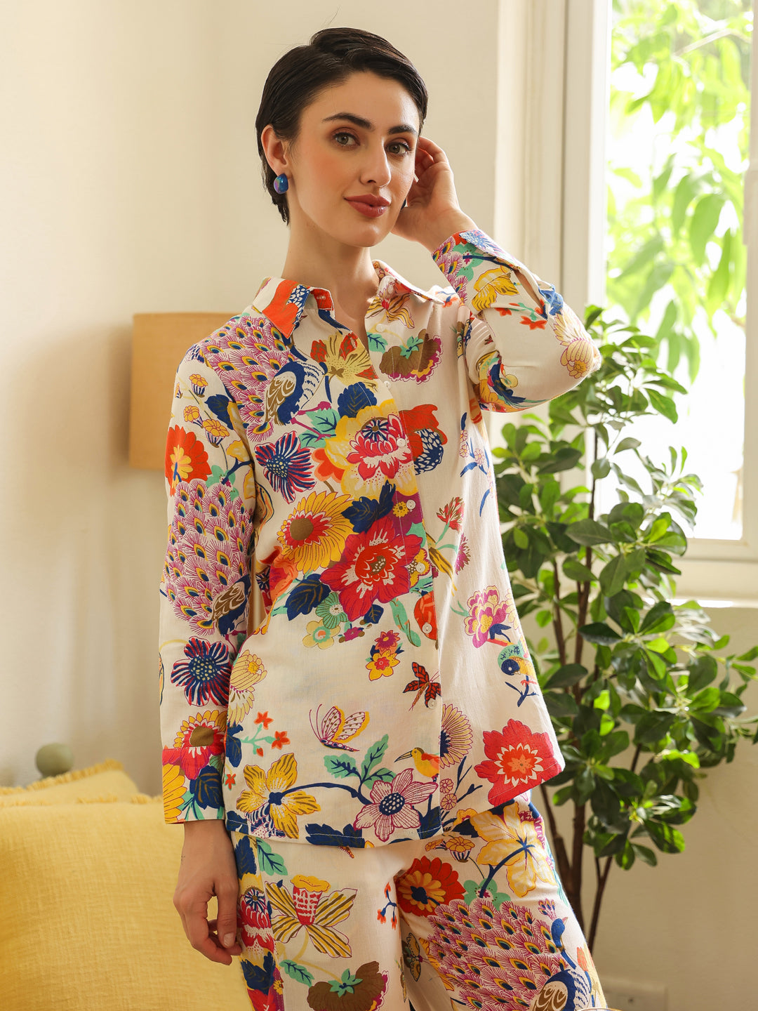 Off White Shirt Collar Pure Cotton Shirt Printed Co-Ords Set For Women