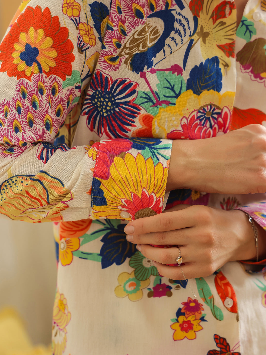 Off White Shirt Collar Pure Cotton Shirt Printed Co-ords Set for Women