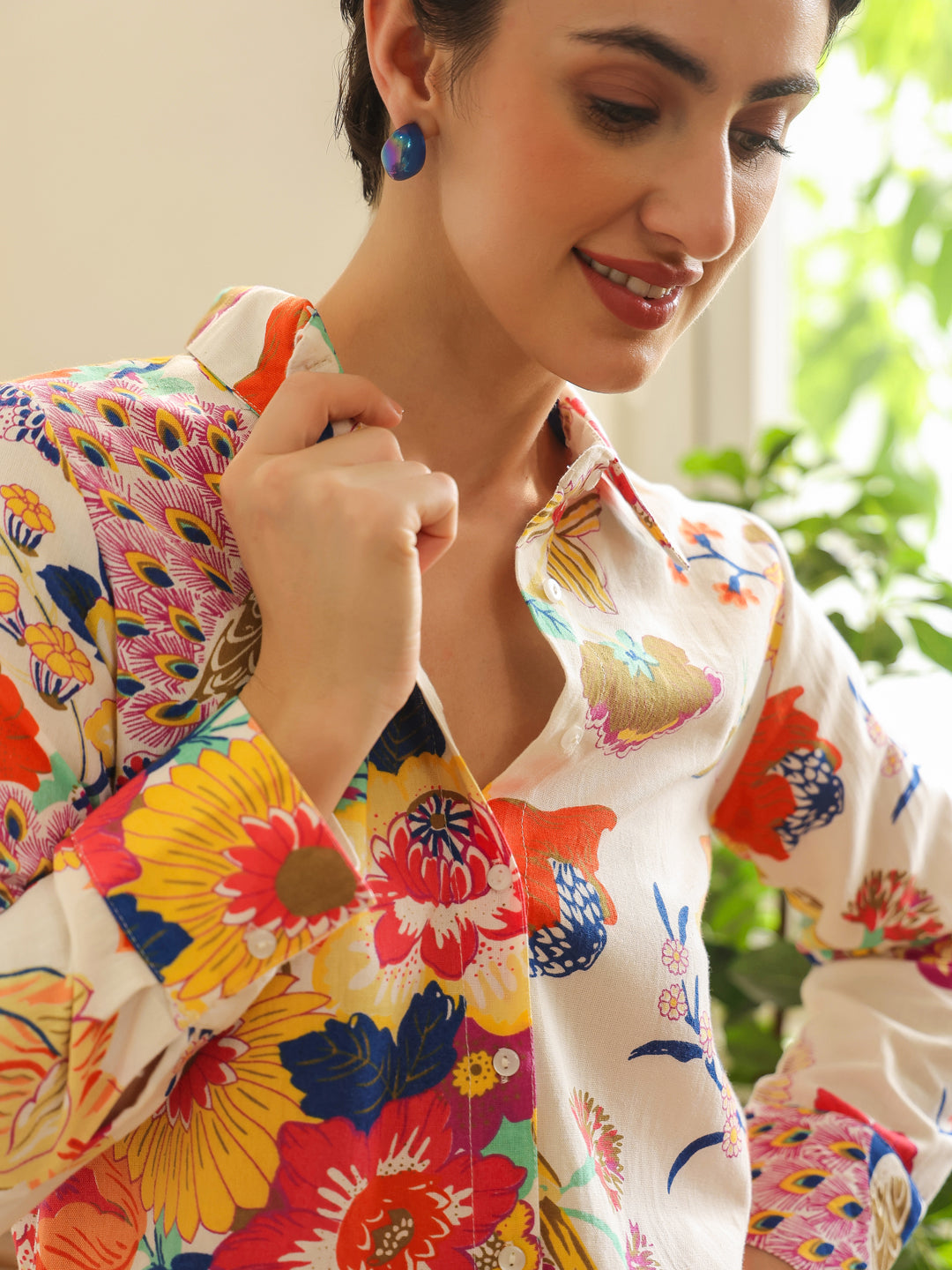 Off White Shirt Collar Pure Cotton Shirt Printed Co-ords Set for Women