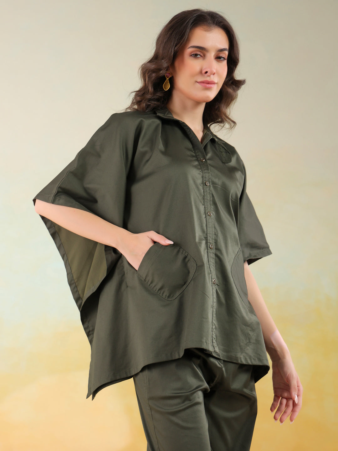 Olive Color Shirt Collar Denim Co-Ords Set For Women