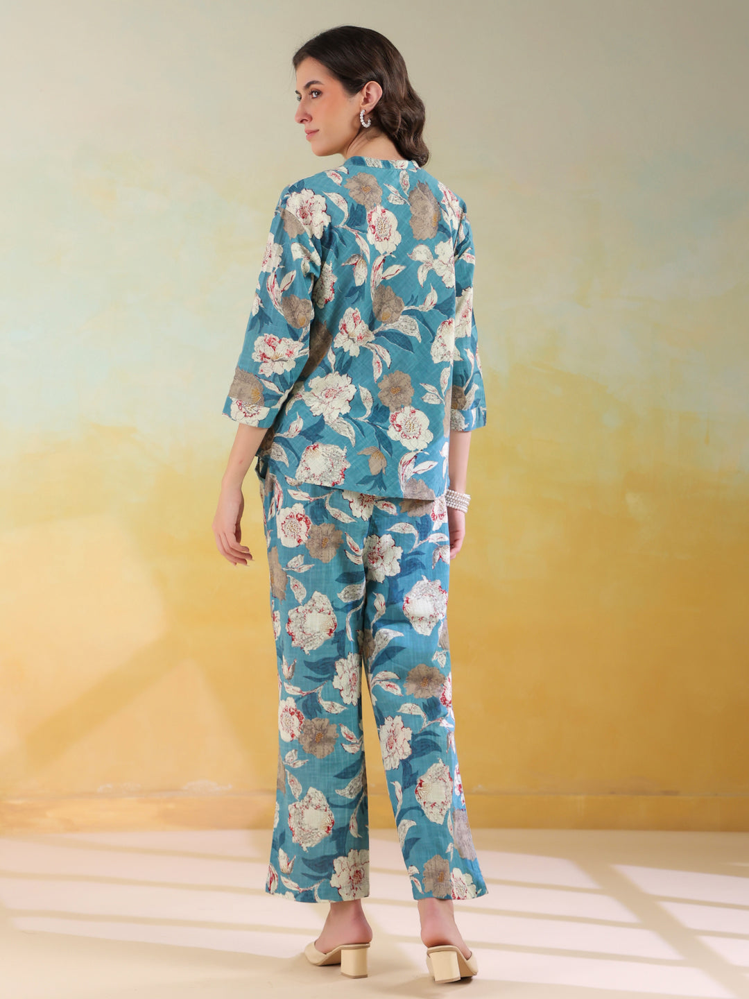 Blue Color Mandarin Collar Printed Co-Ords Set For Women