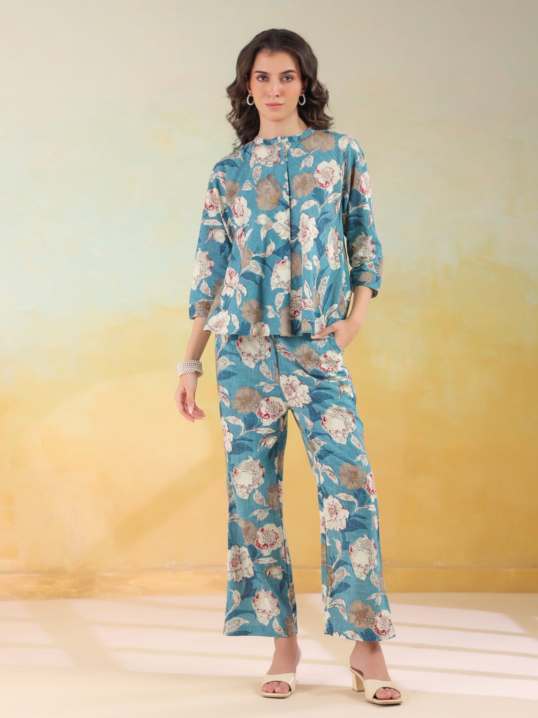 Blue Color Mandarin Collar Printed Co-Ords Set For Women