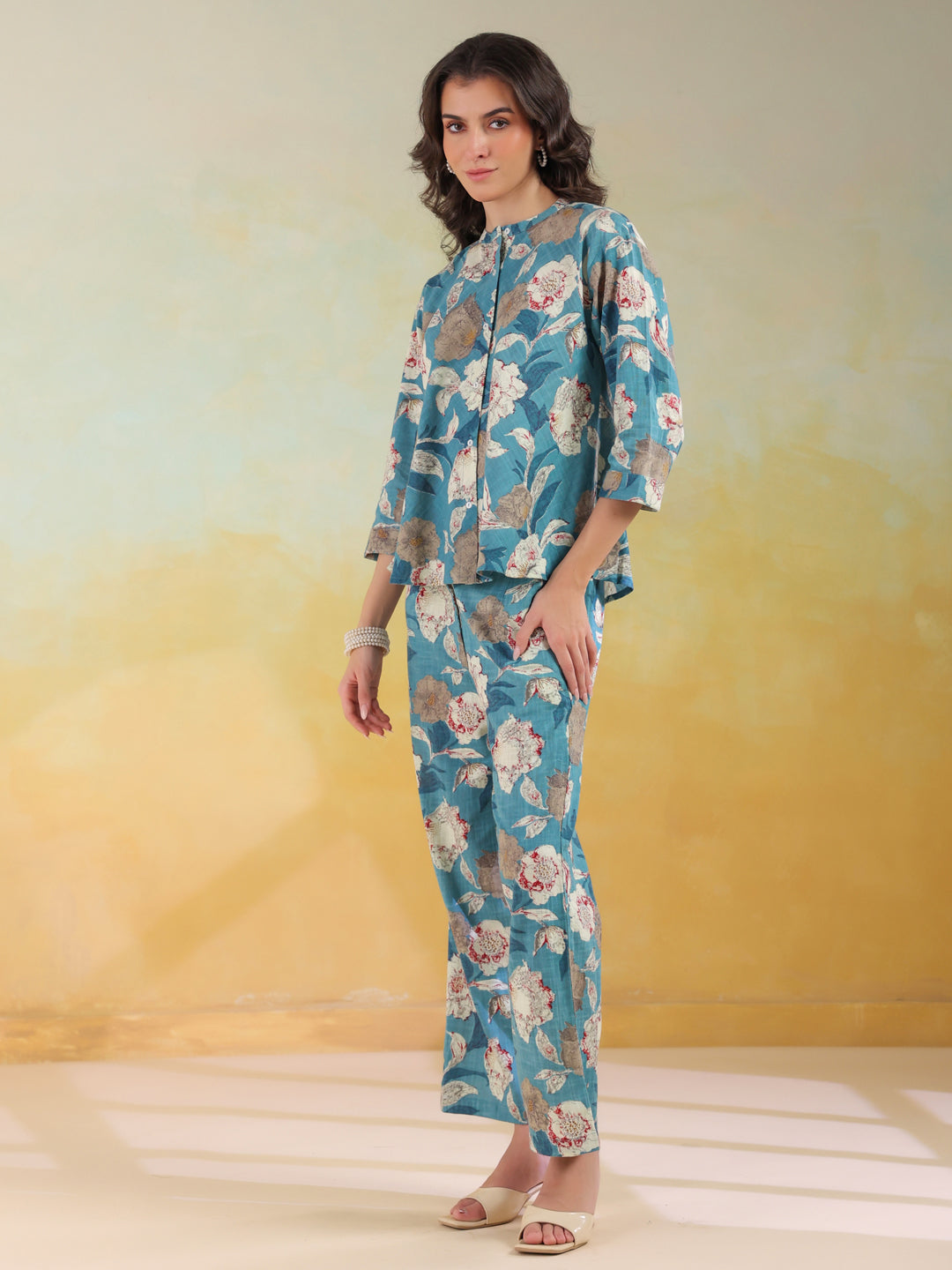 Blue Color Mandarin Collar Printed Co-Ords Set For Women