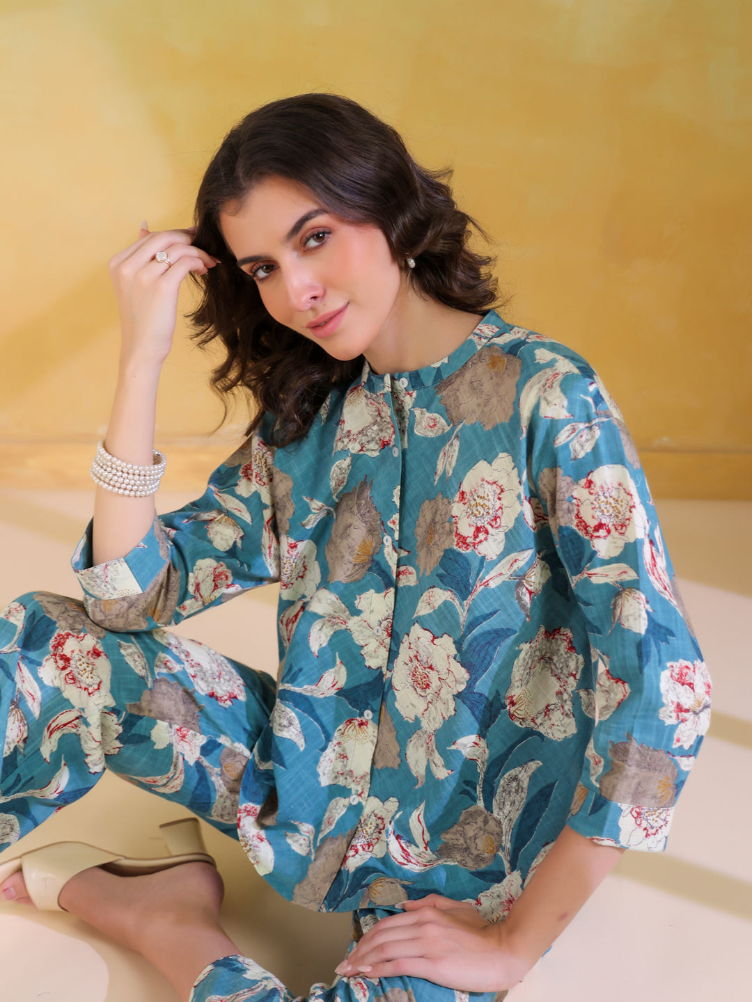 Blue Color Mandarin Collar Printed co-ords set for women