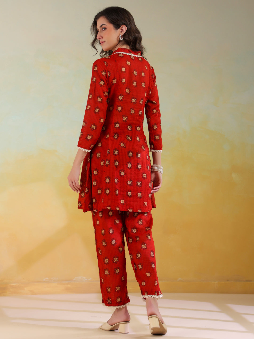 Red V-Neck Pure Cotton Printed Co-Ords Set For Women