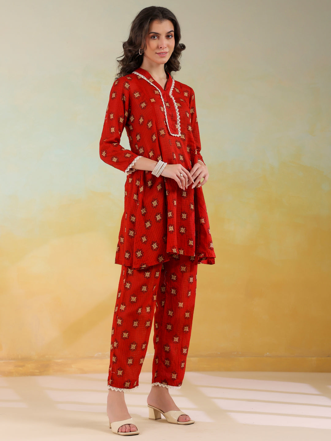 Red V-Neck Pure Cotton Printed Co-Ords Set For Women