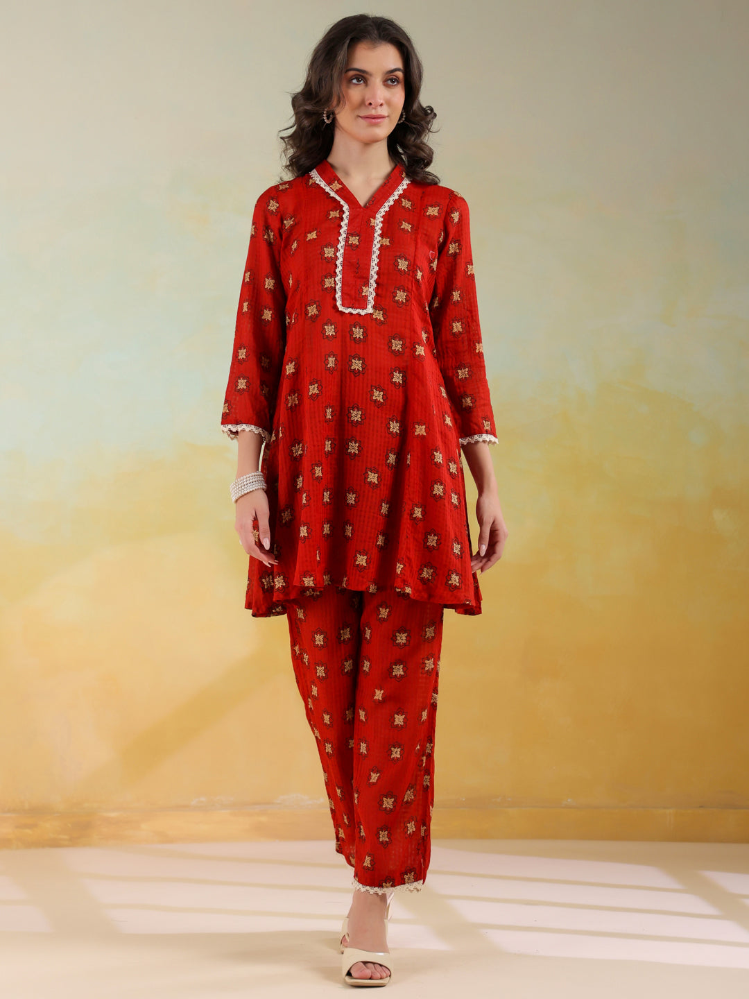Red V-Neck Pure Cotton Printed Co-Ords Set For Women