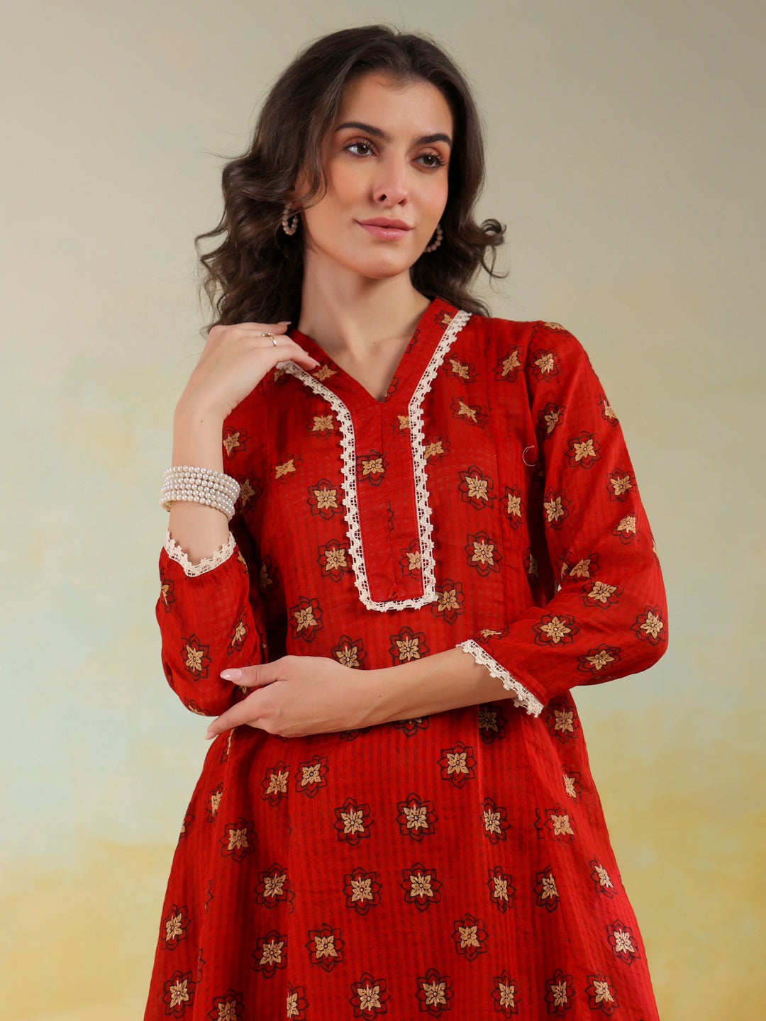 Red V-Neck Pure Cotton Printed Co-Ords Set For Women