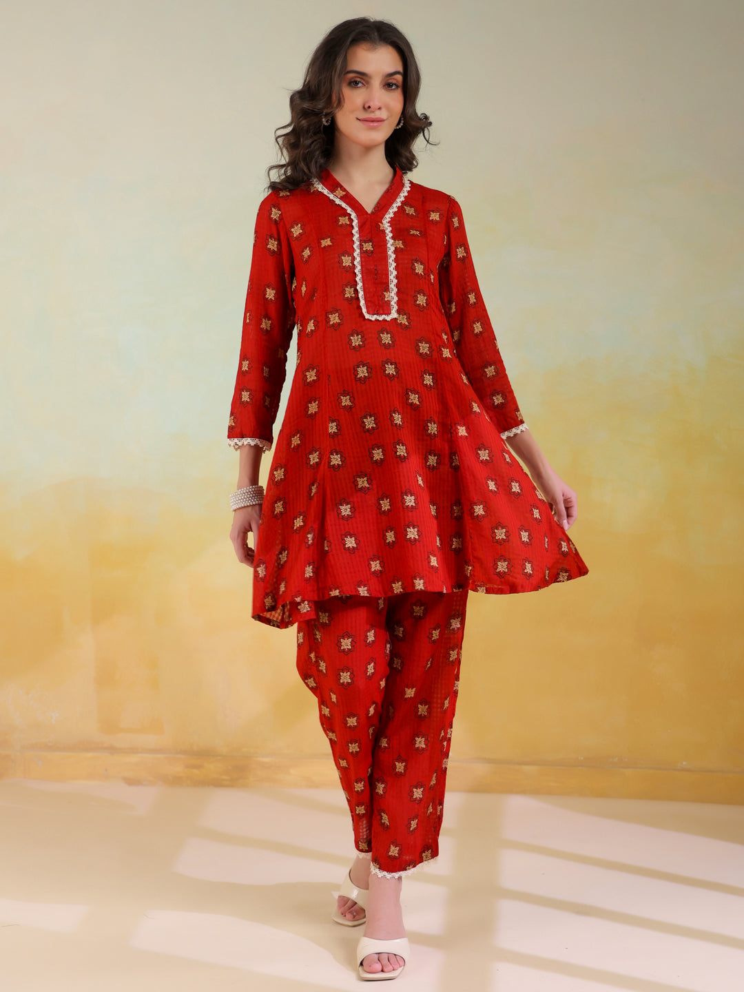 Red V-Neck Pure Cotton Printed Co-Ords Set For Women
