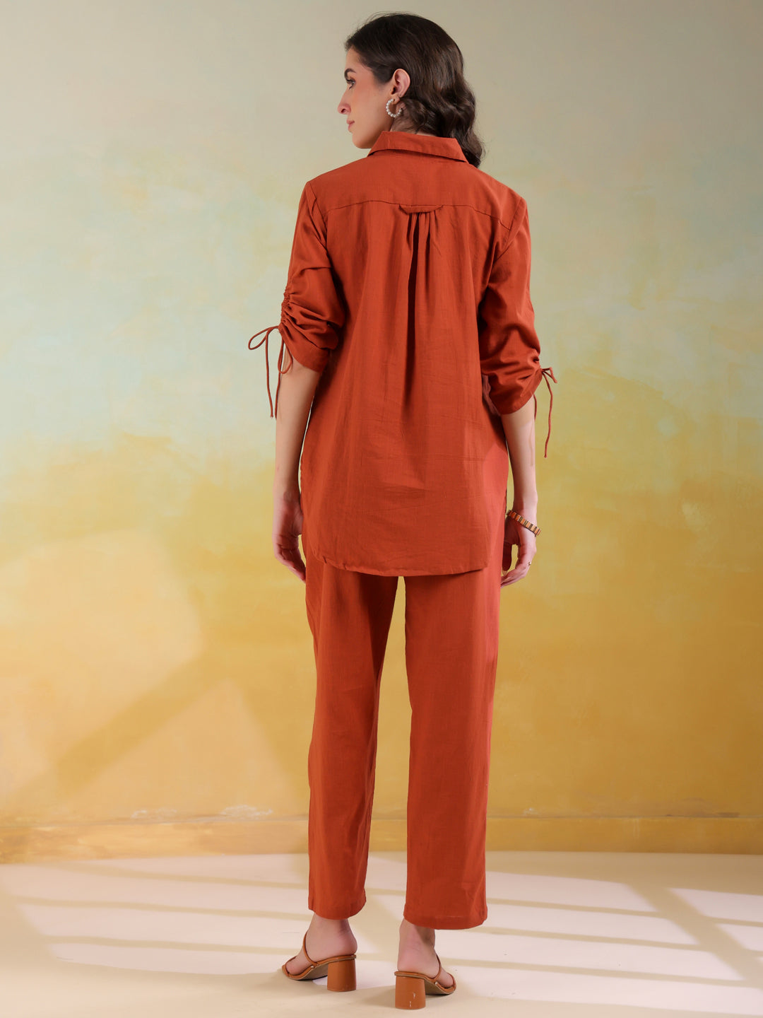 Rust Color Shirt Collar Solid Co-Ords Set For Women