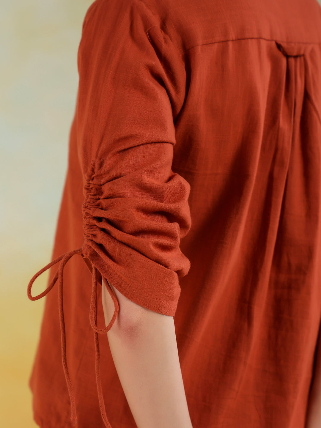 Rust Color Shirt Collar Solid Co-Ords Set For Women
