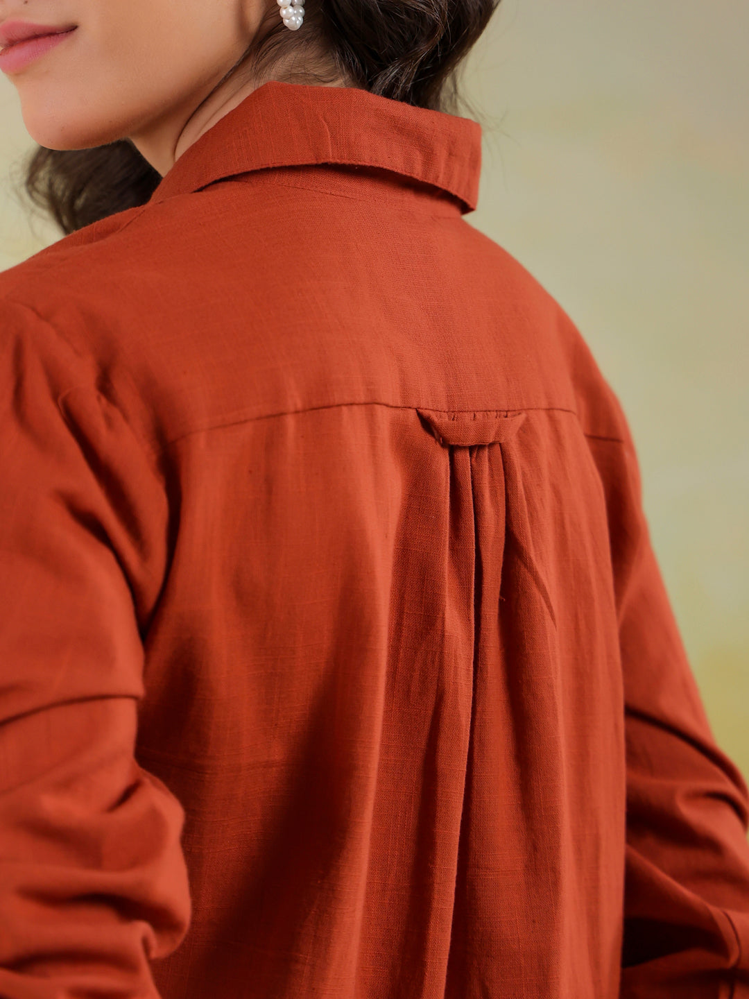 Rust Color Shirt Collar Solid Co-Ords Set For Women