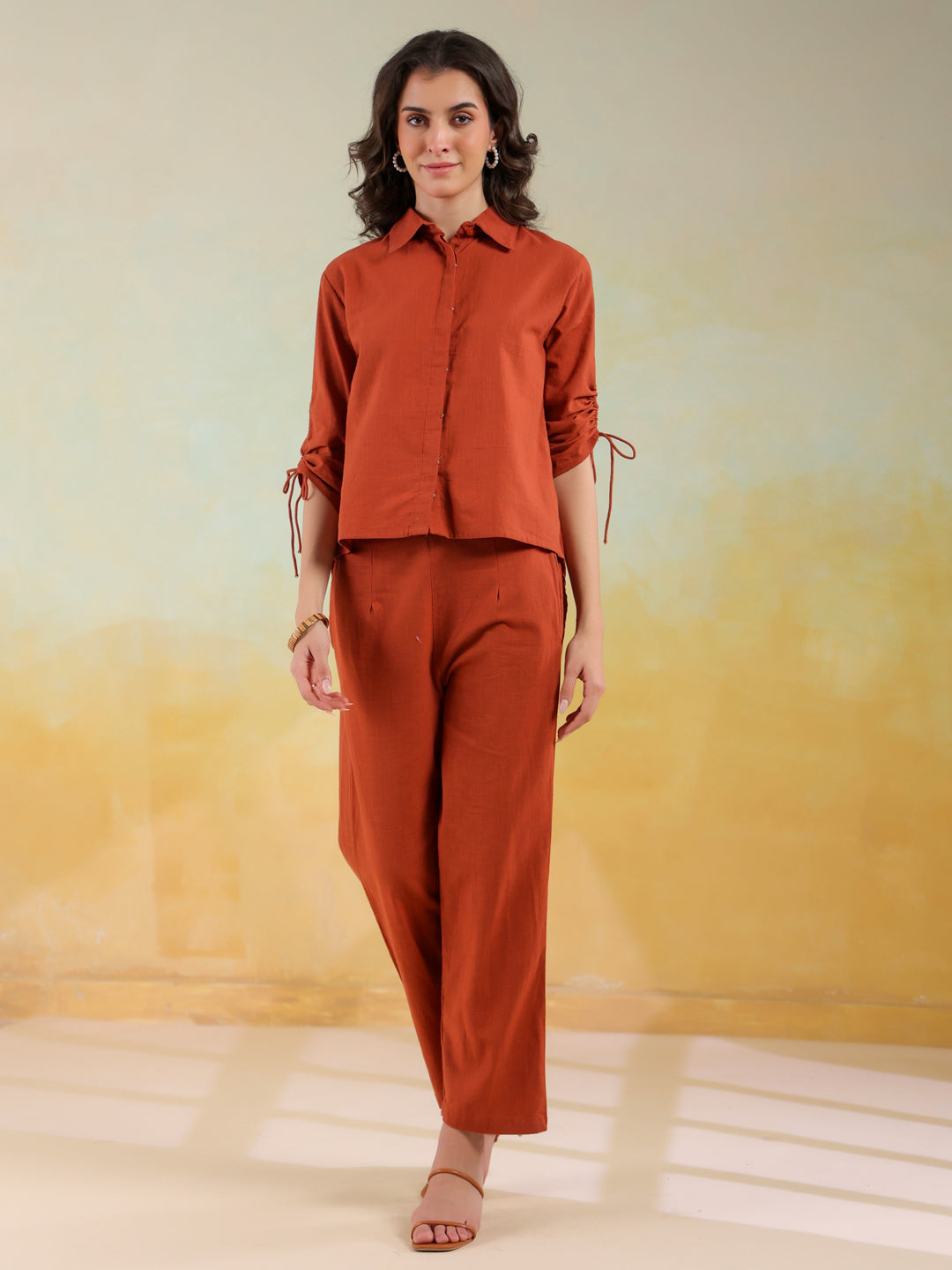 Rust Color Shirt Collar Solid Co-Ords Set For Women