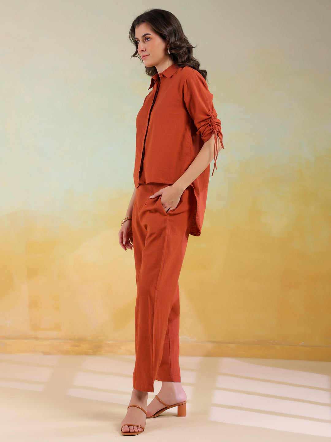 Rust Color Shirt Collar Solid Co-Ords Set For Women