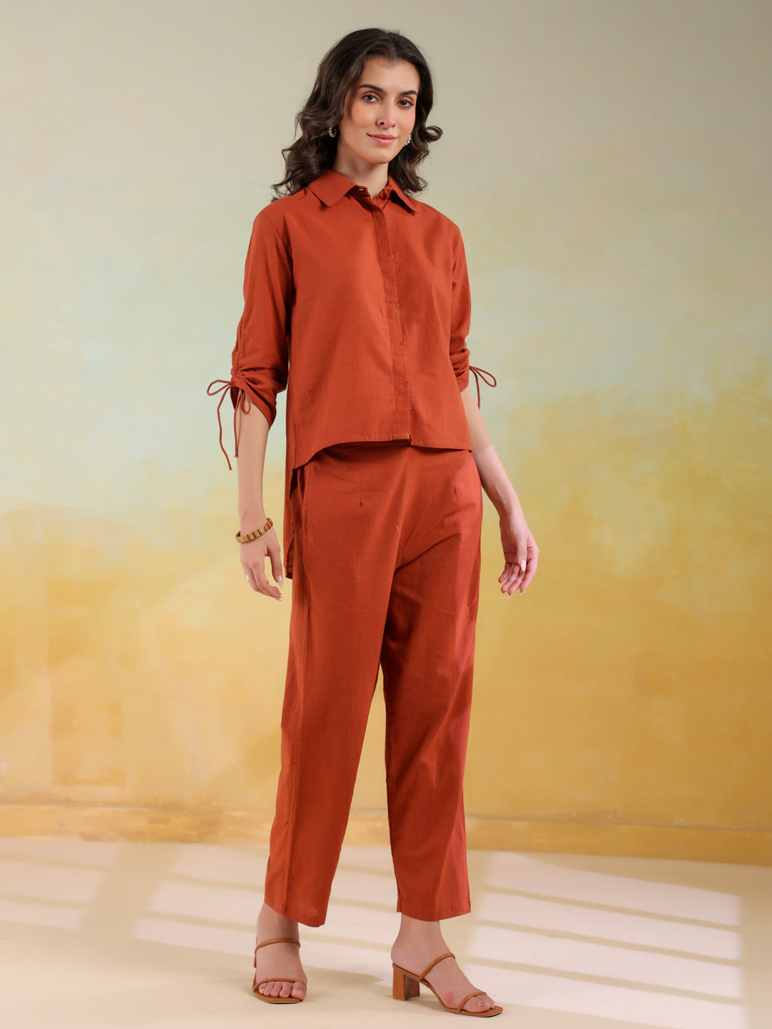 Rust Color Shirt Collar Solid Co-Ords Set For Women