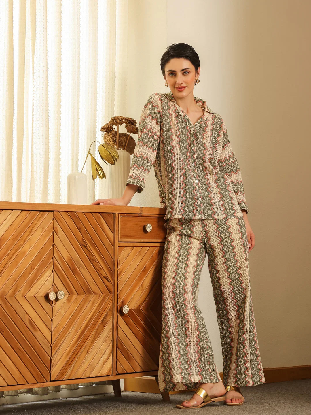 Cream Shirt Collar Cotton Blend Shirt Self Design Co-ords Set for Women - SanskrutiHomes