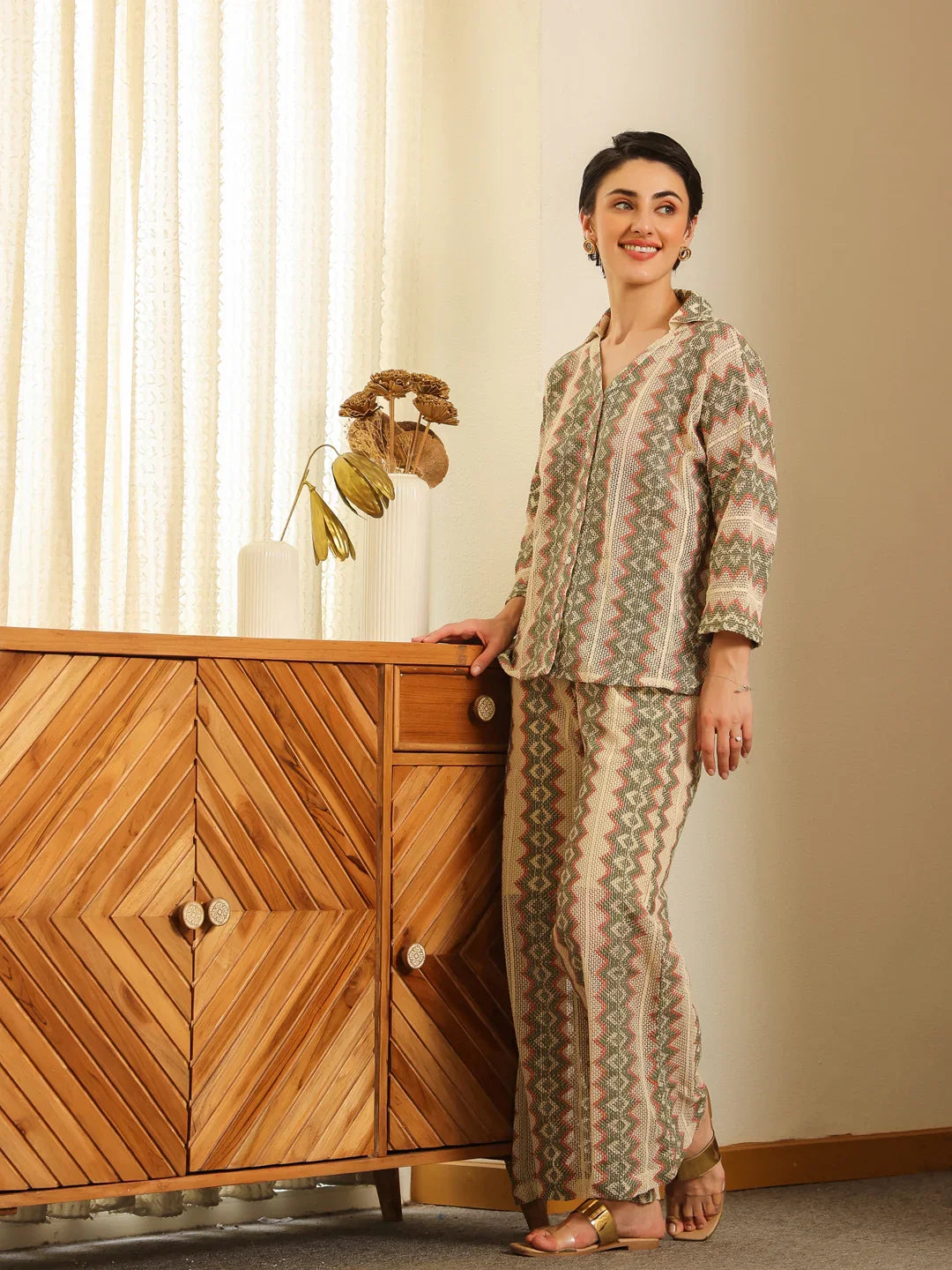 Cream Shirt Collar Cotton Blend Shirt Self Design Co-ords Set for Women - SanskrutiHomes