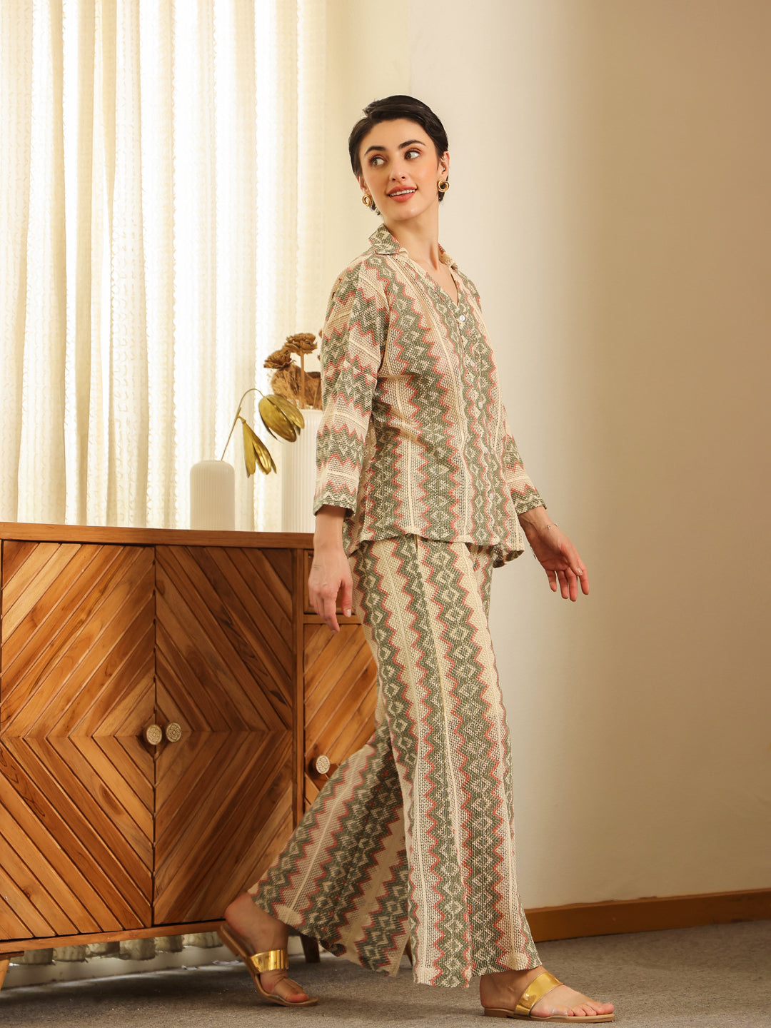 Cream Shirt Collar Cotton Blend Shirt Self Design Co-ords Set for Women