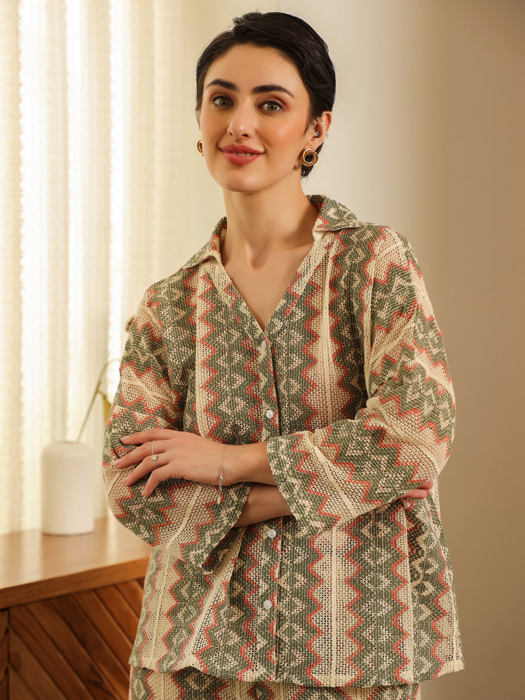 Cream Shirt Collar Cotton Blend Shirt Self Design Co-ords Set for Women