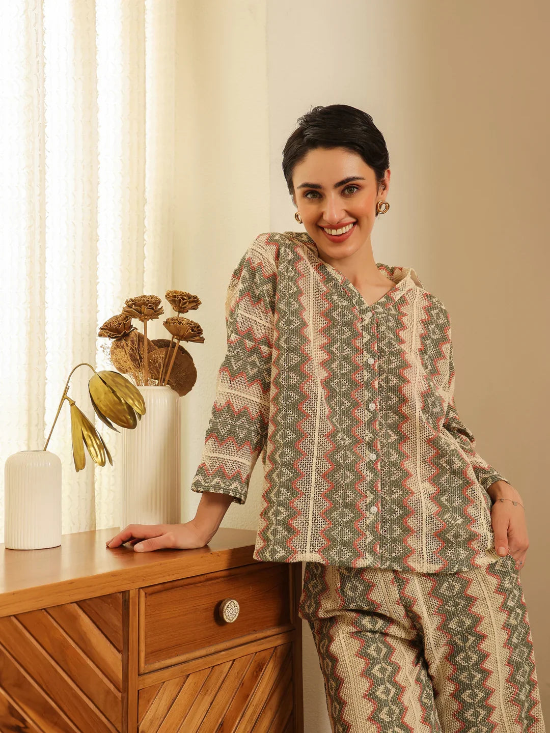 Cream Shirt Collar Cotton Blend Shirt Self Design Co-ords Set for Women - SanskrutiHomes