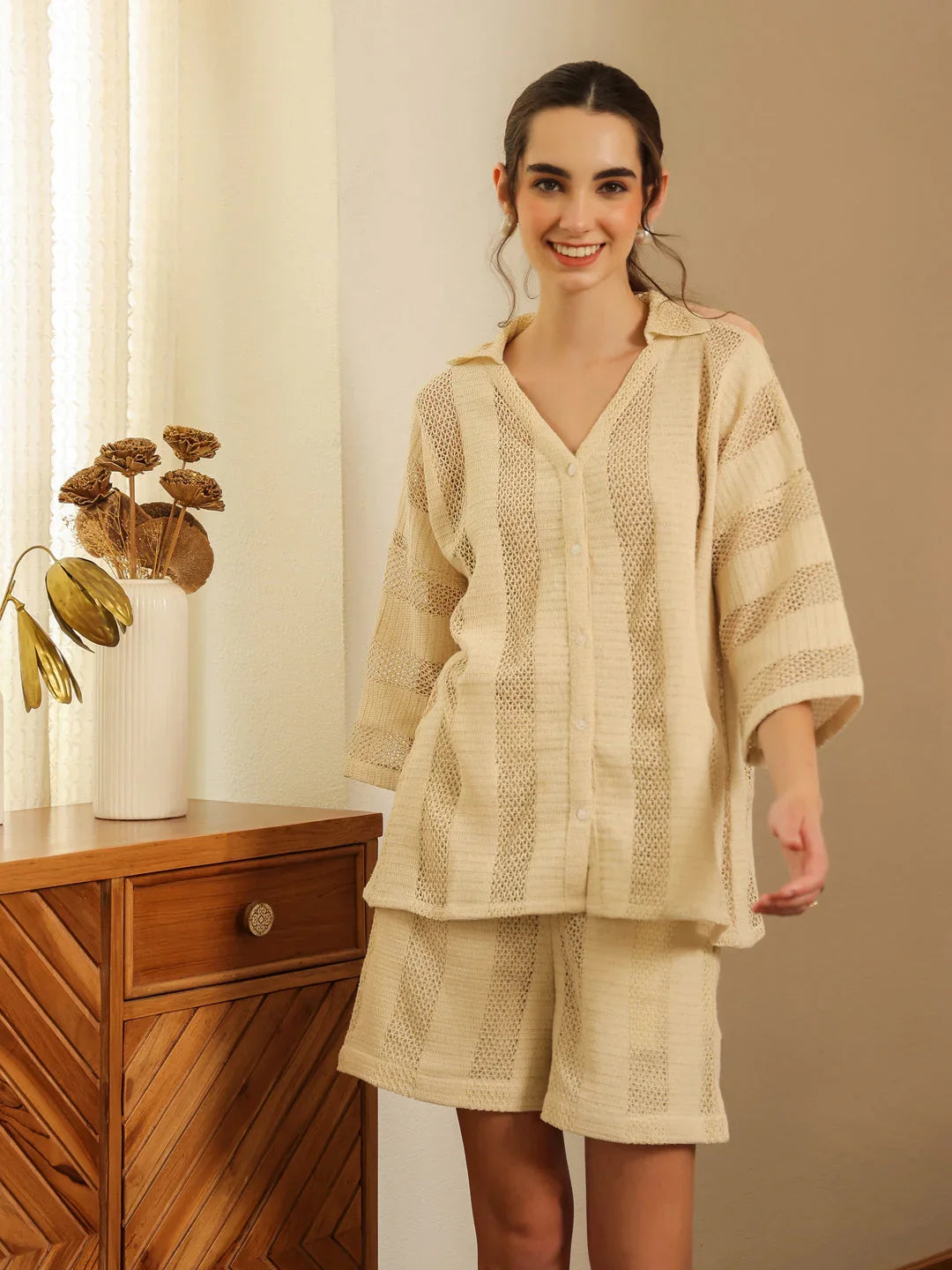 Cream Color Solid Cotton Blend Co-ords Set for Women - SanskrutiHomes