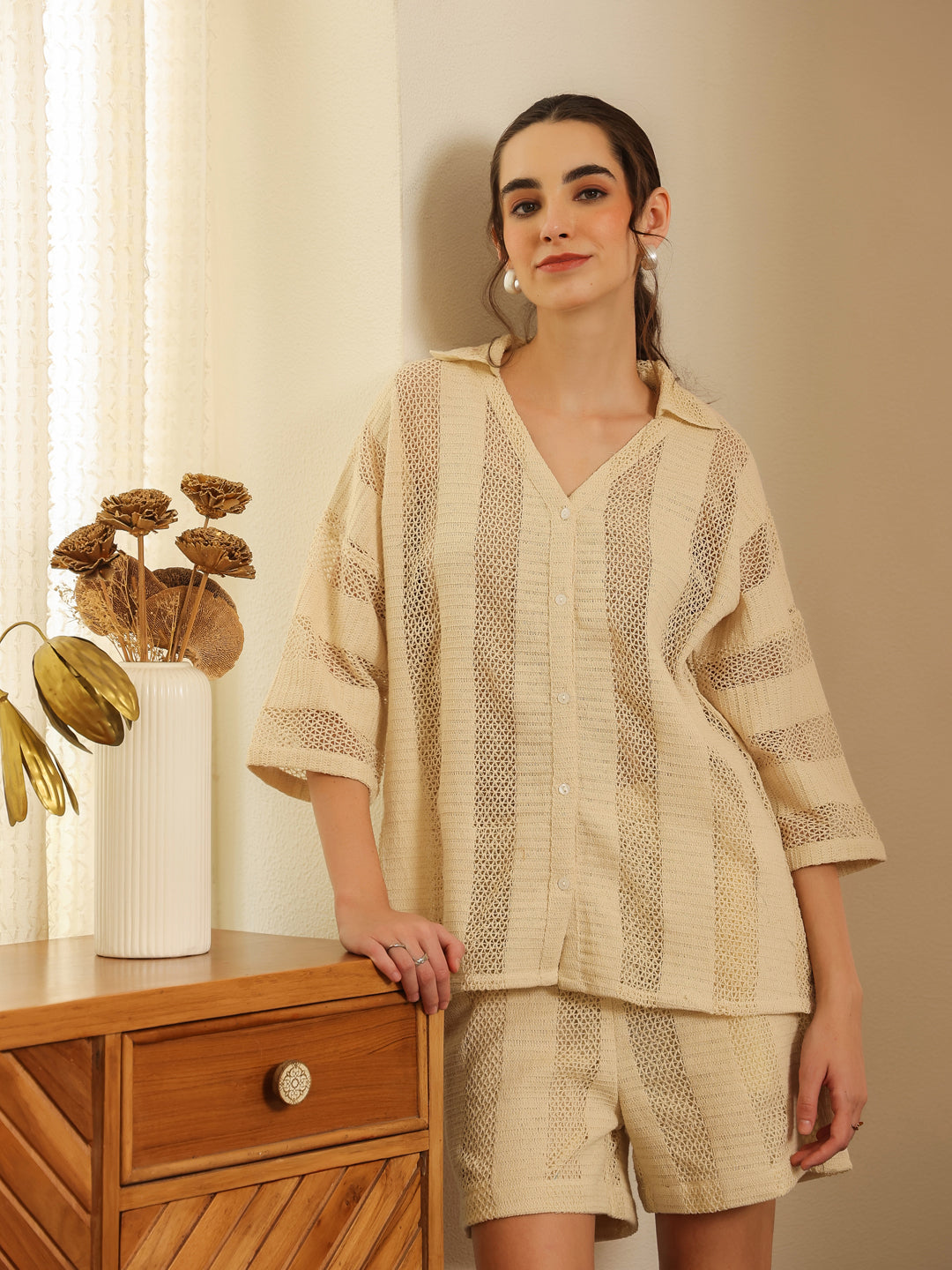 Cream Color Solid Cotton Blend Co-ords Set for Women