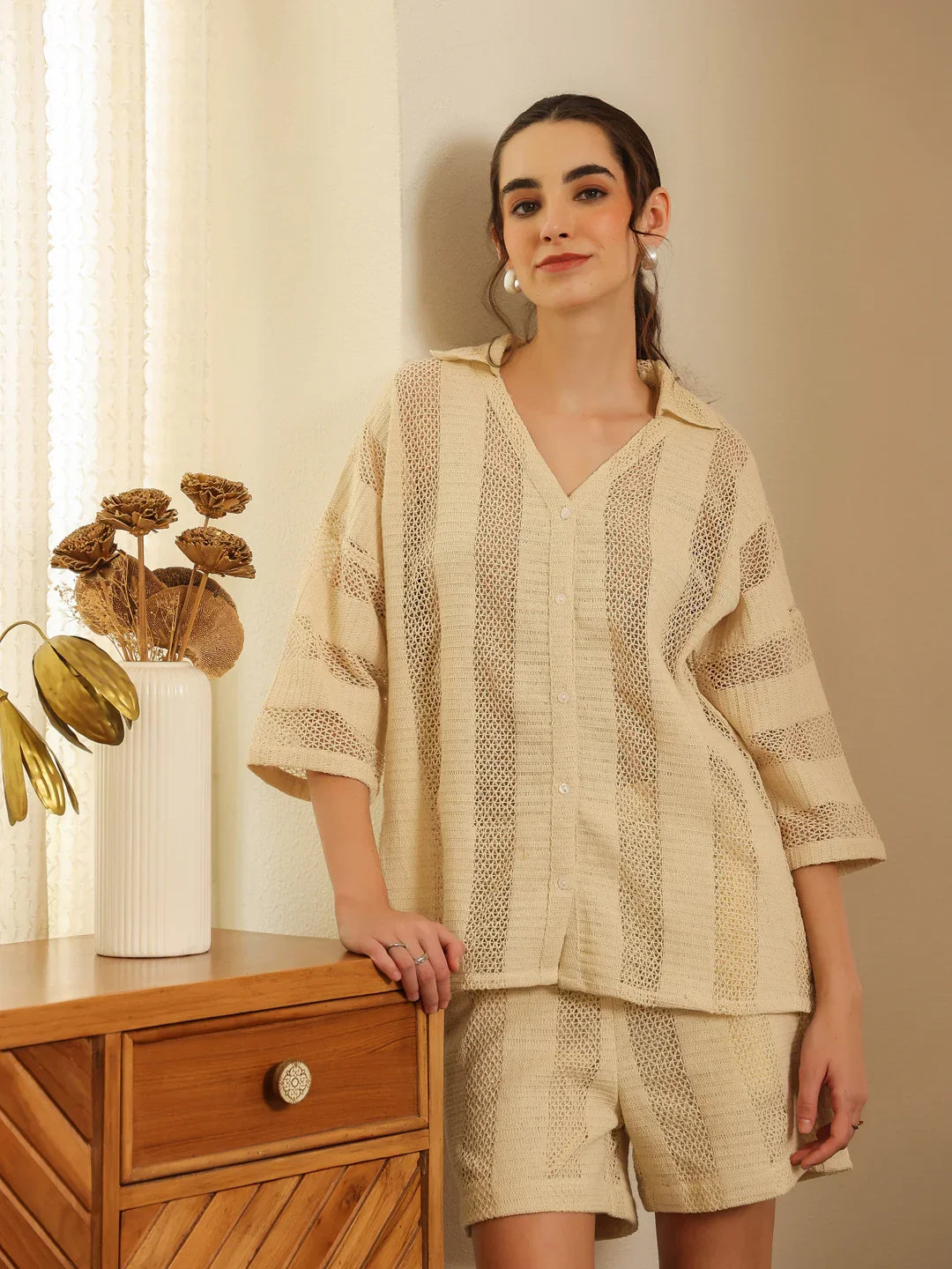 Cream Color Solid Cotton Blend Co-ords Set for Women - SanskrutiHomes