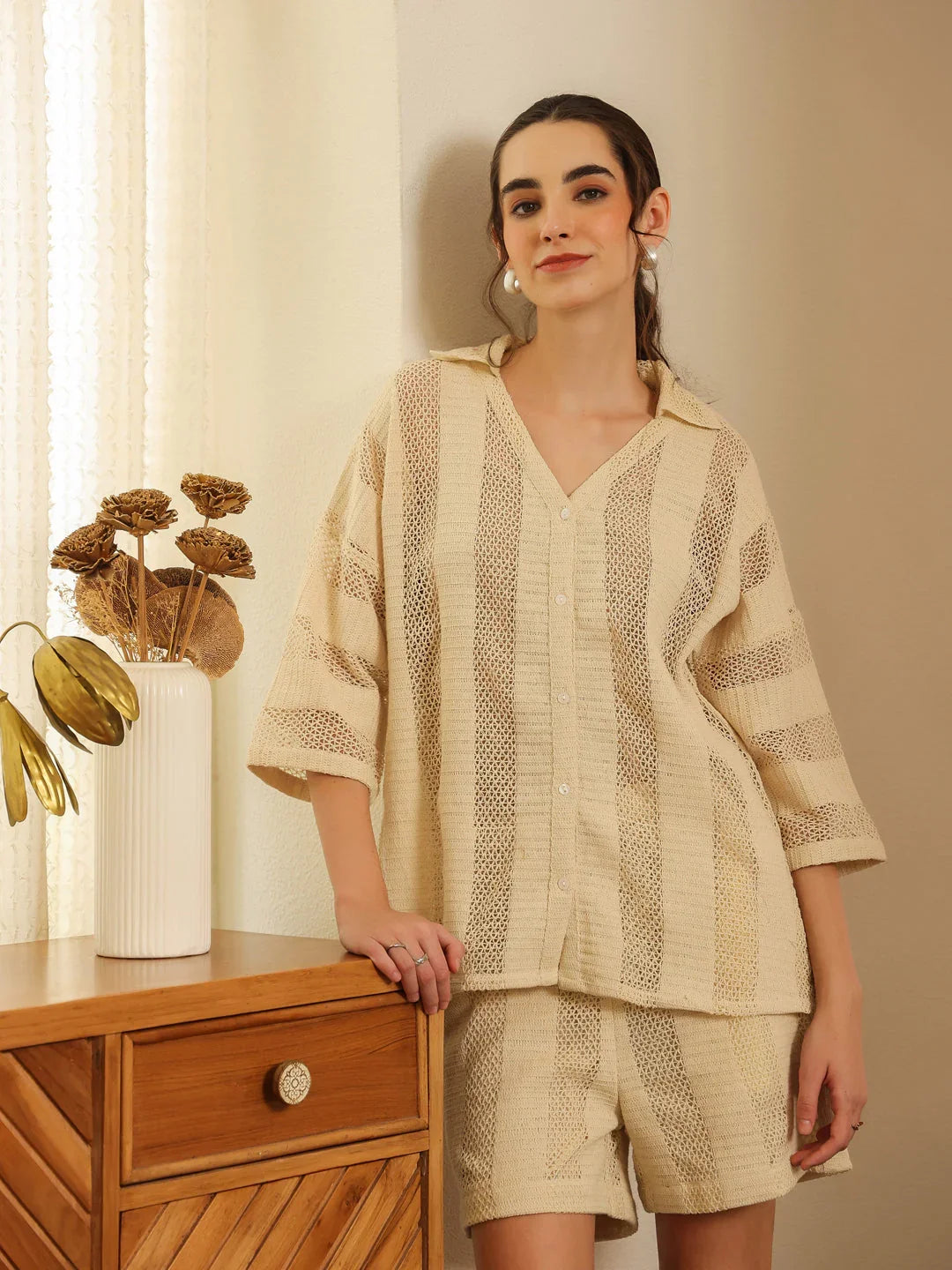 Cream Color Solid Cotton Blend Co-ords Set for Women - SanskrutiHomes