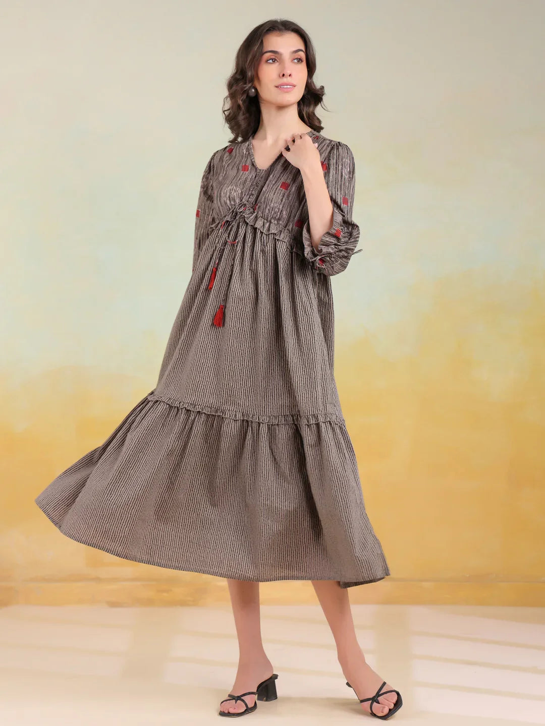 Grey Cotton V-Neck Printed Dress for Women - SanskrutiHomes