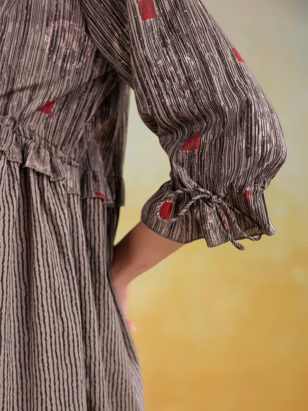 Grey Cotton V-Neck Printed Dress for Women - SanskrutiHomes
