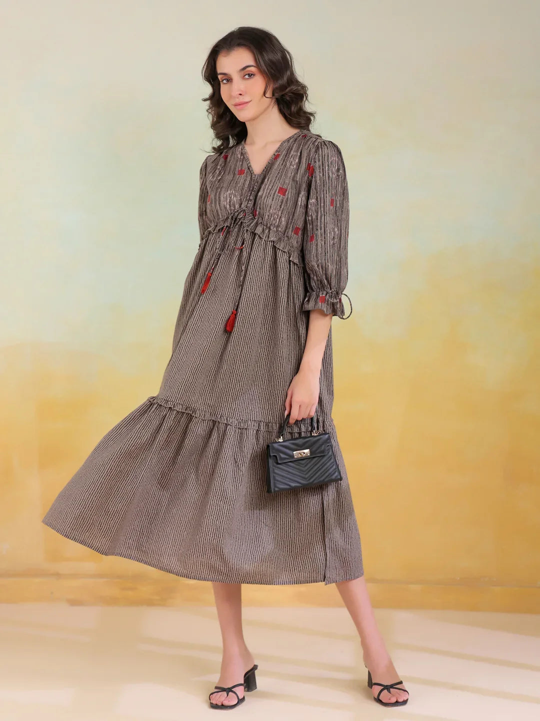Grey Cotton V-Neck Printed Dress for Women - SanskrutiHomes