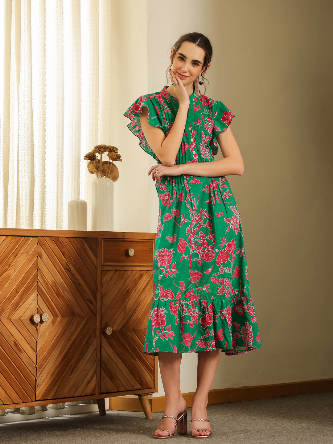 Green Cotton Printed Round Neck Dress For Women