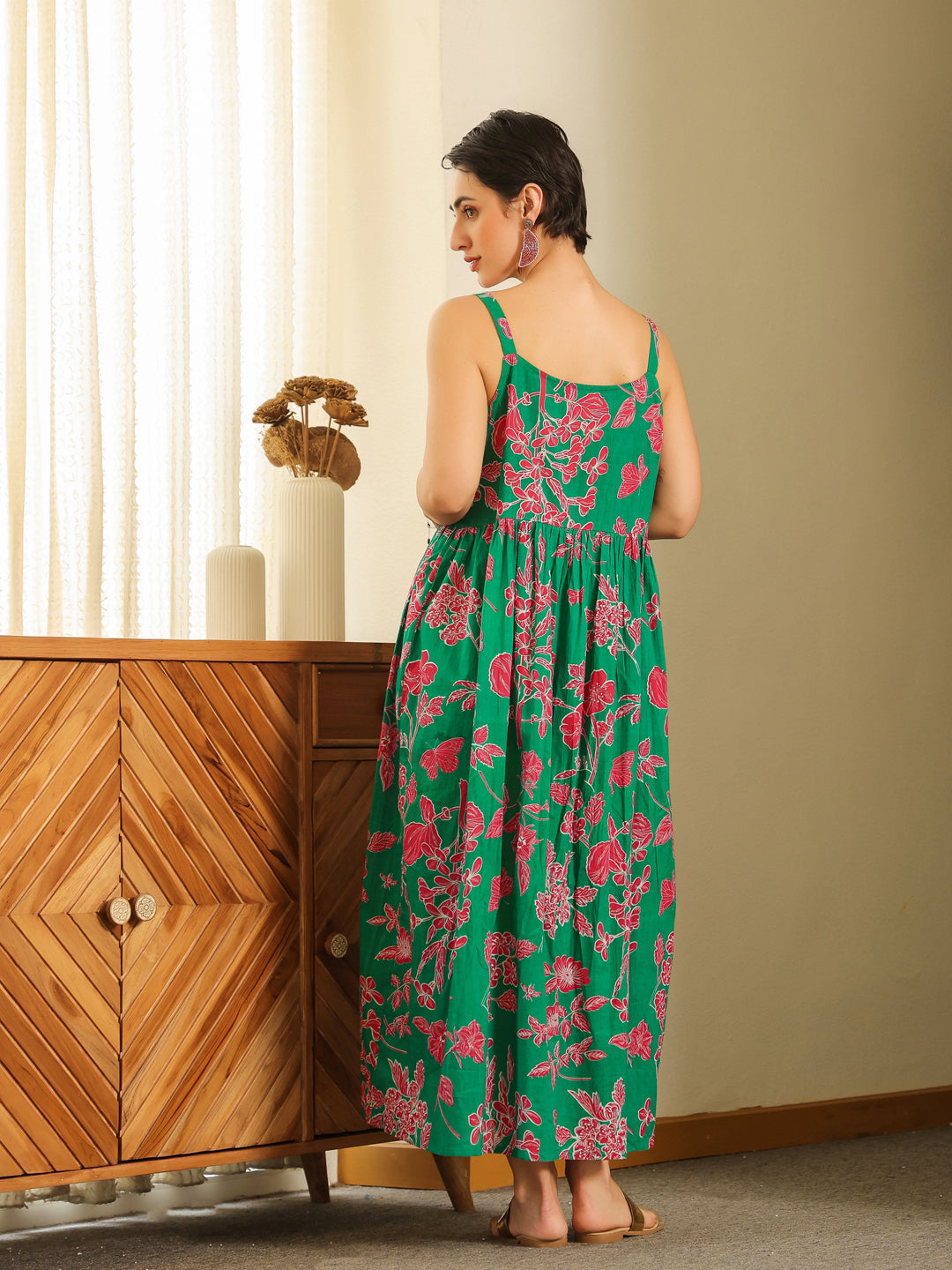 Grey Cotton Printed Sweetheart Neck Dress for Women