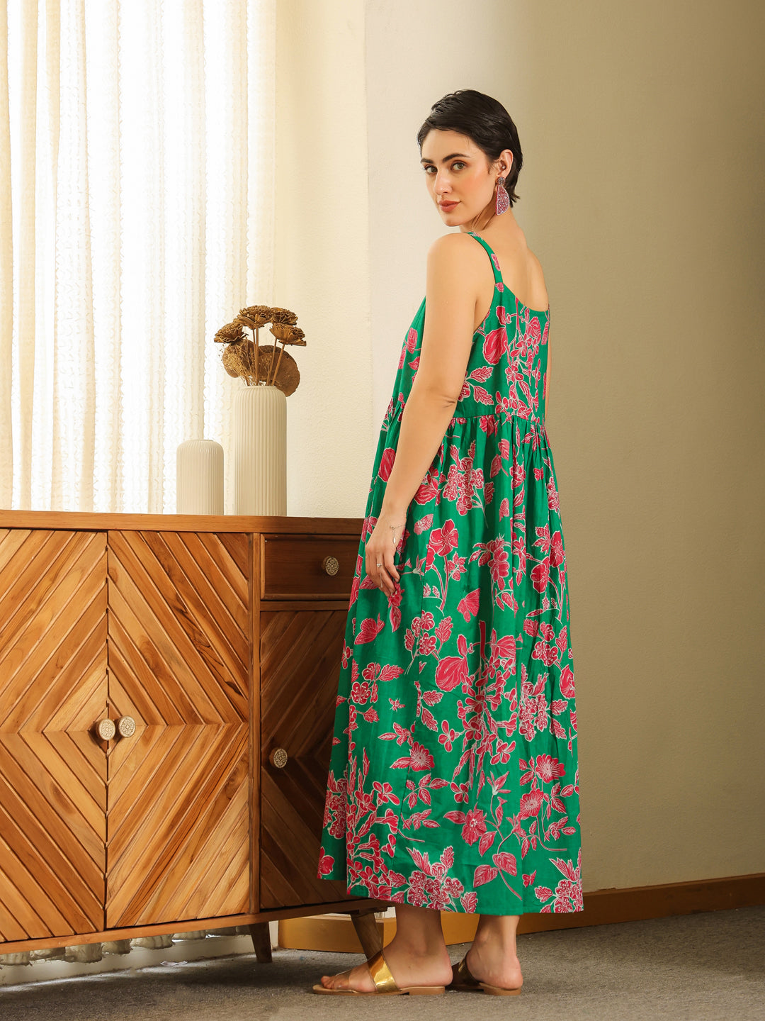 Grey Cotton Printed Sweetheart Neck Dress For Women