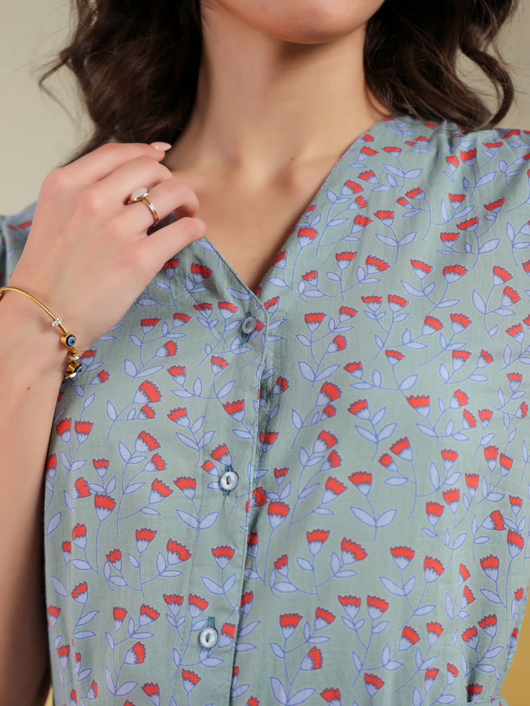 Blue Color Floral Printed Cotton Dress For Women