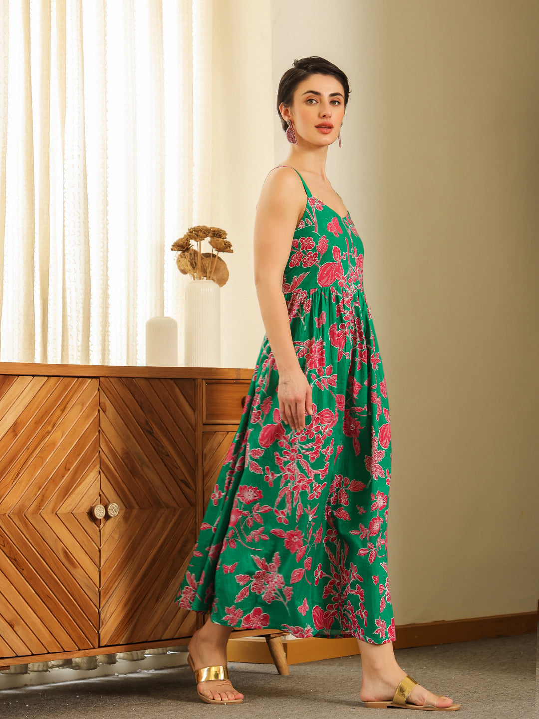 Grey Cotton Printed Sweetheart Neck Dress for Women