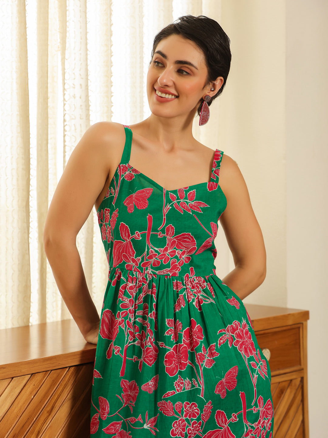 Grey Cotton Printed Sweetheart Neck Dress for Women