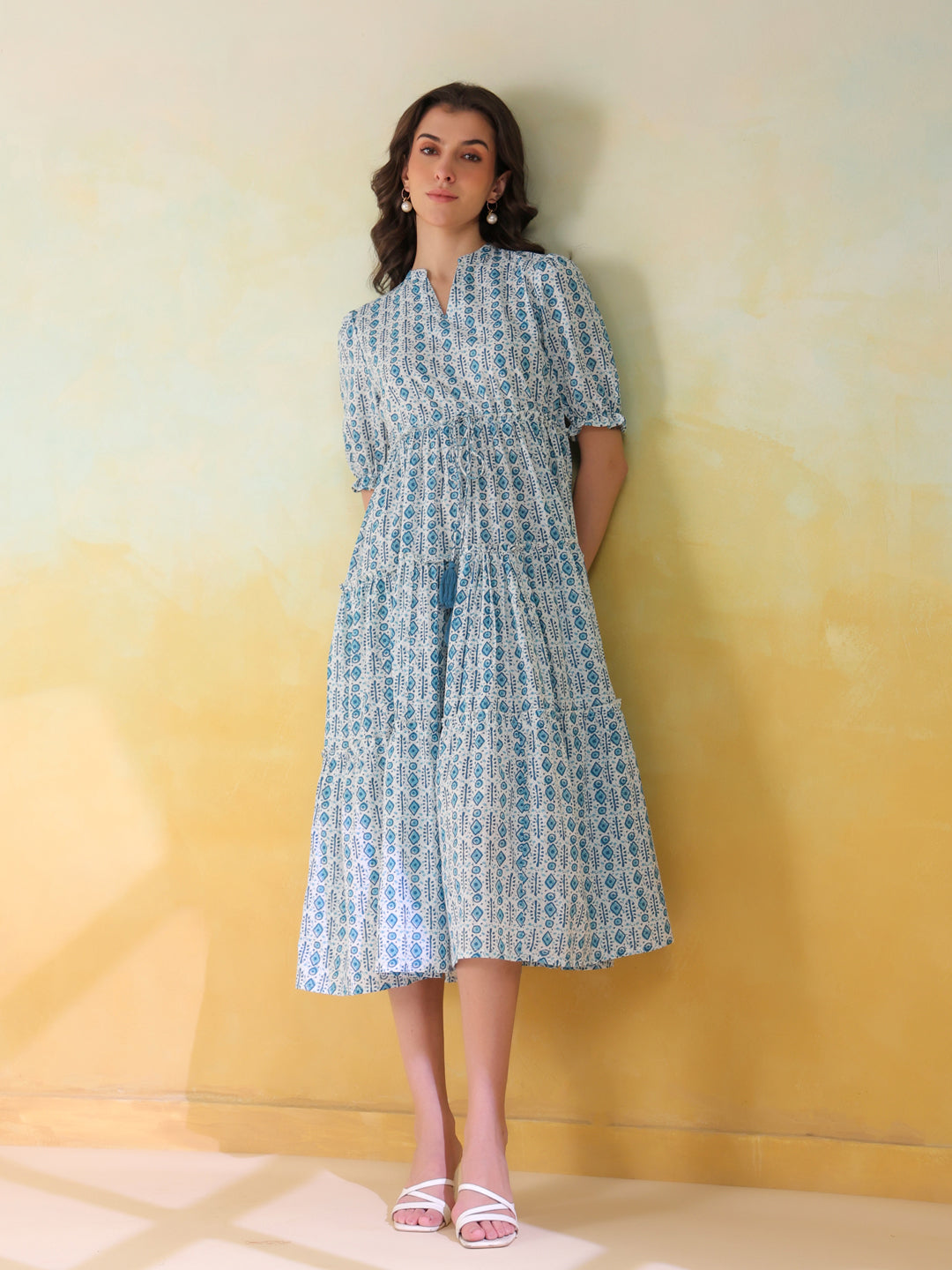 Blue Color Geometric Printed Cotton dress for women