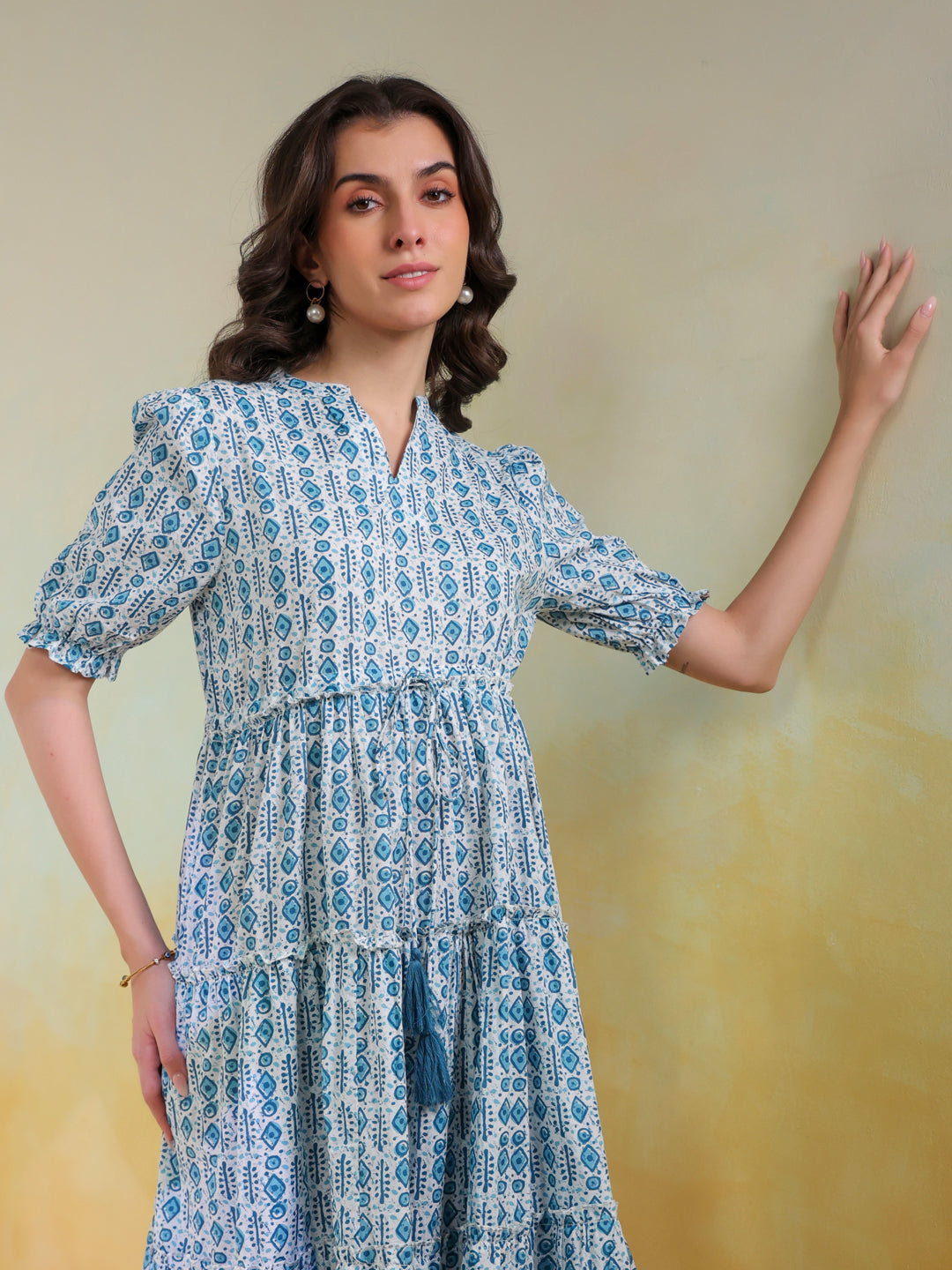 Blue Color Geometric Printed Cotton Dress For Women