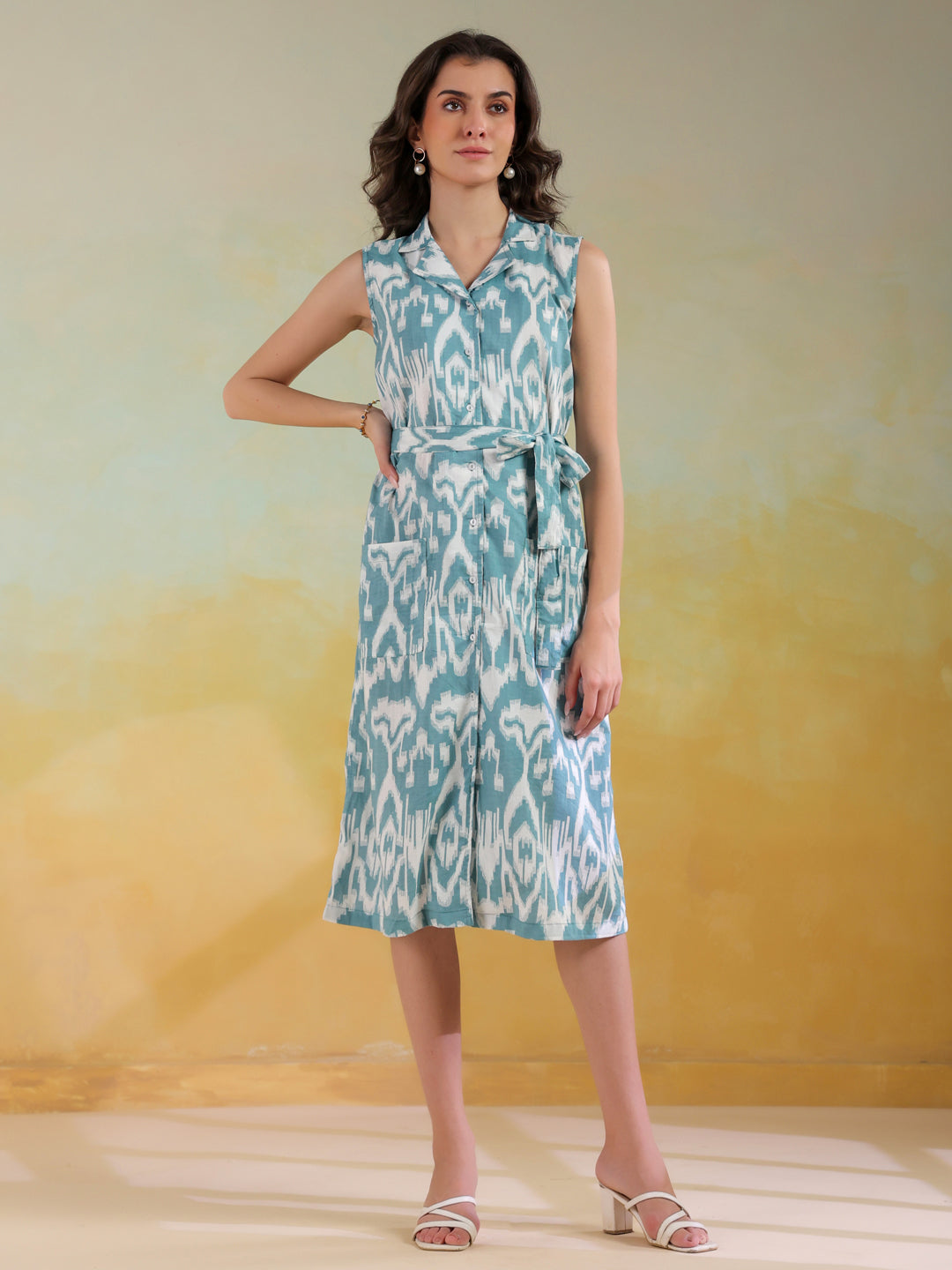 Sea Green Color Abstract Printed Cotton Dress For Women