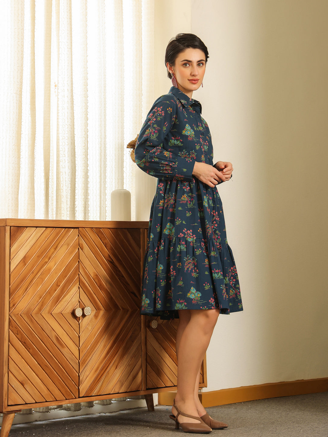 Navy Blue Cotton Printed Shirt Collar Dress For Women