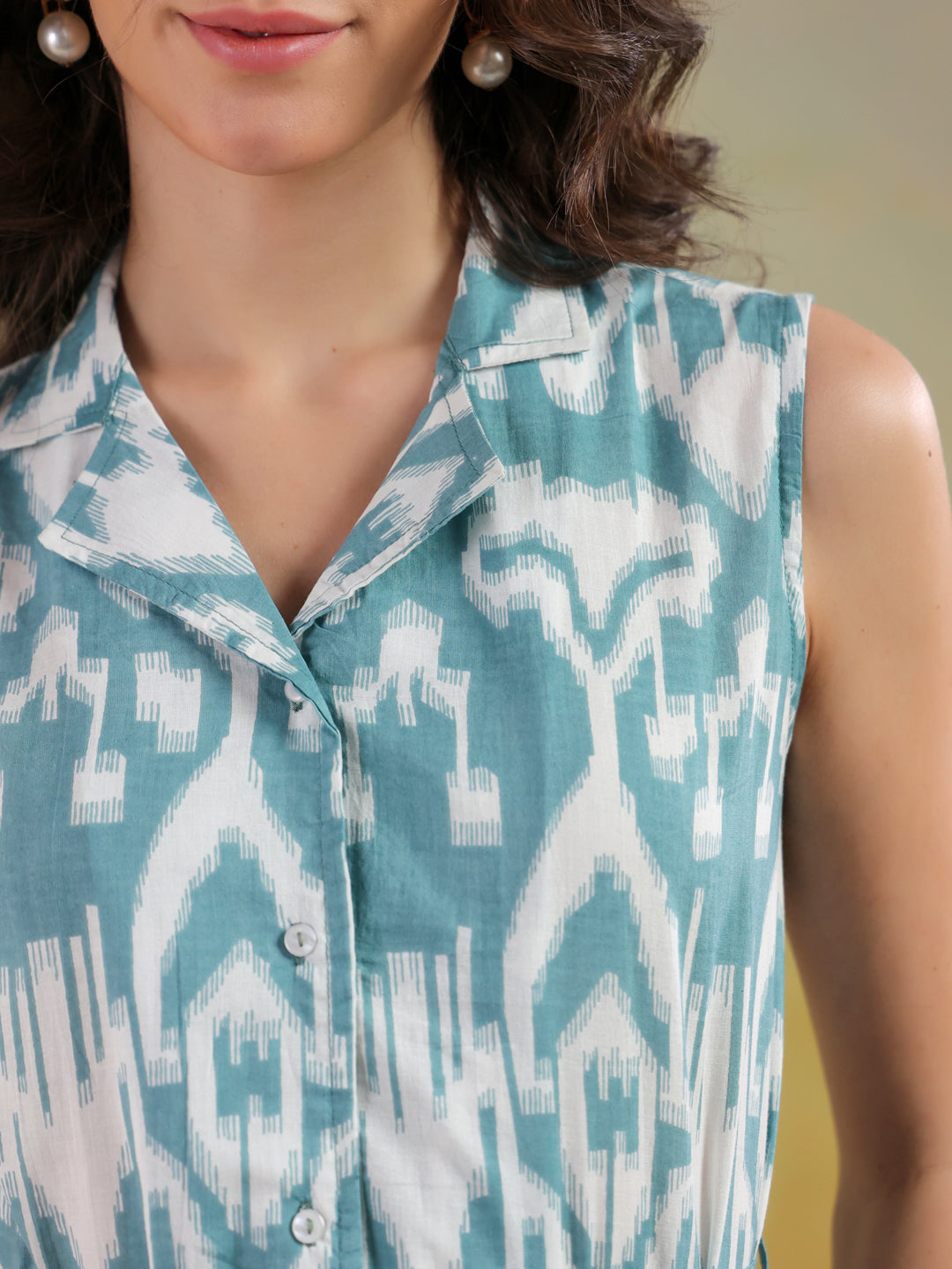 Sea Green Color Abstract Printed Cotton Dress For Women